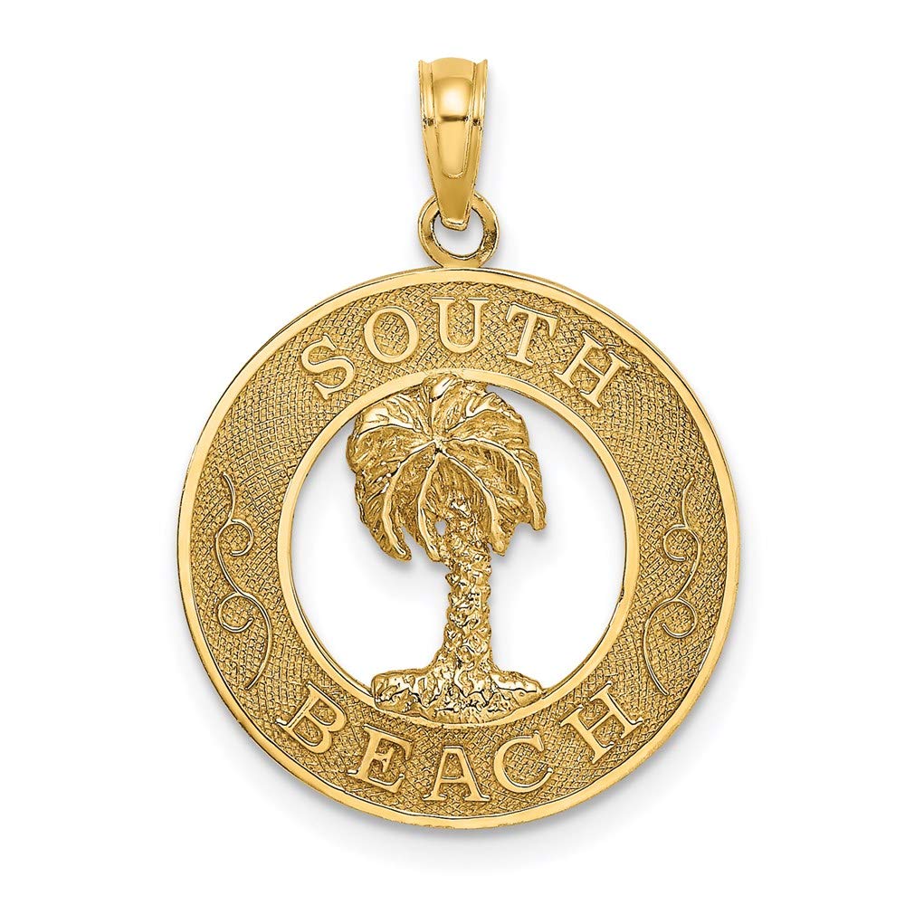 14K Yellow Gold South Beach Round Frame Pendant with Palm Tree Charm - Perfect for Beach Vacations, Summer Outfits & Tropical Jewelry Collections