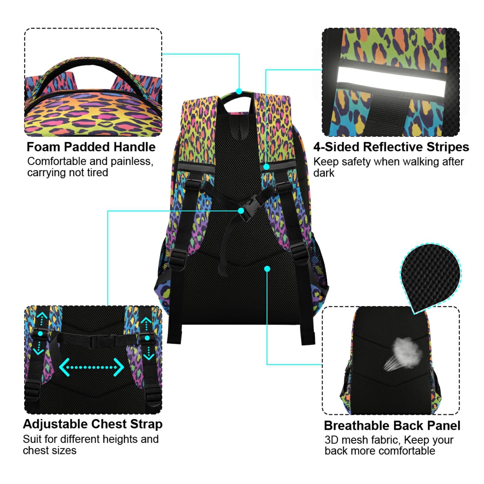 Eionryn Rainbow Leopard Print Laptop Backpack - Water Resistant Durable College School Book Bag for Women & Men - Perfect for Travel, Sports, Work & Daily Commute