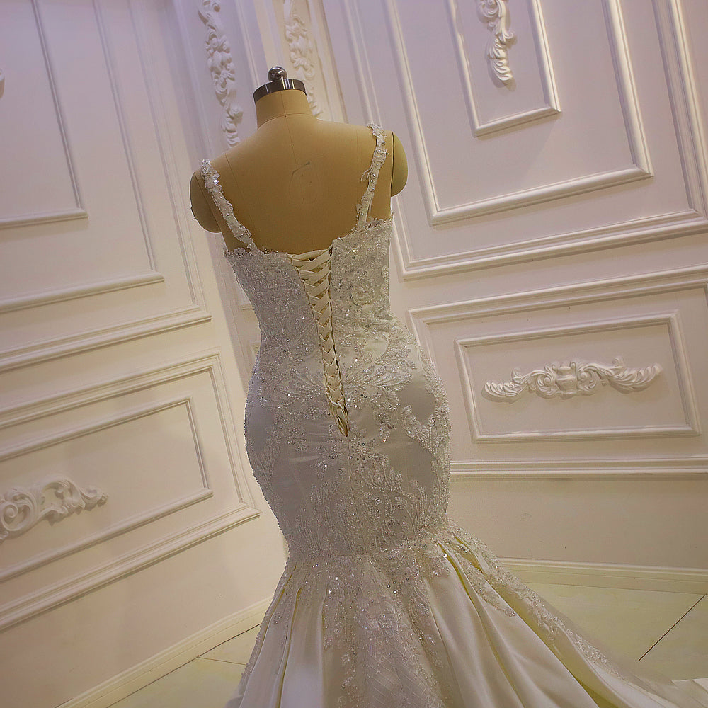 Custom Beaded Satin Mermaid Wedding Dress AM1243 - Elegant Bridal Gown for Beach, Church & Formal Weddings