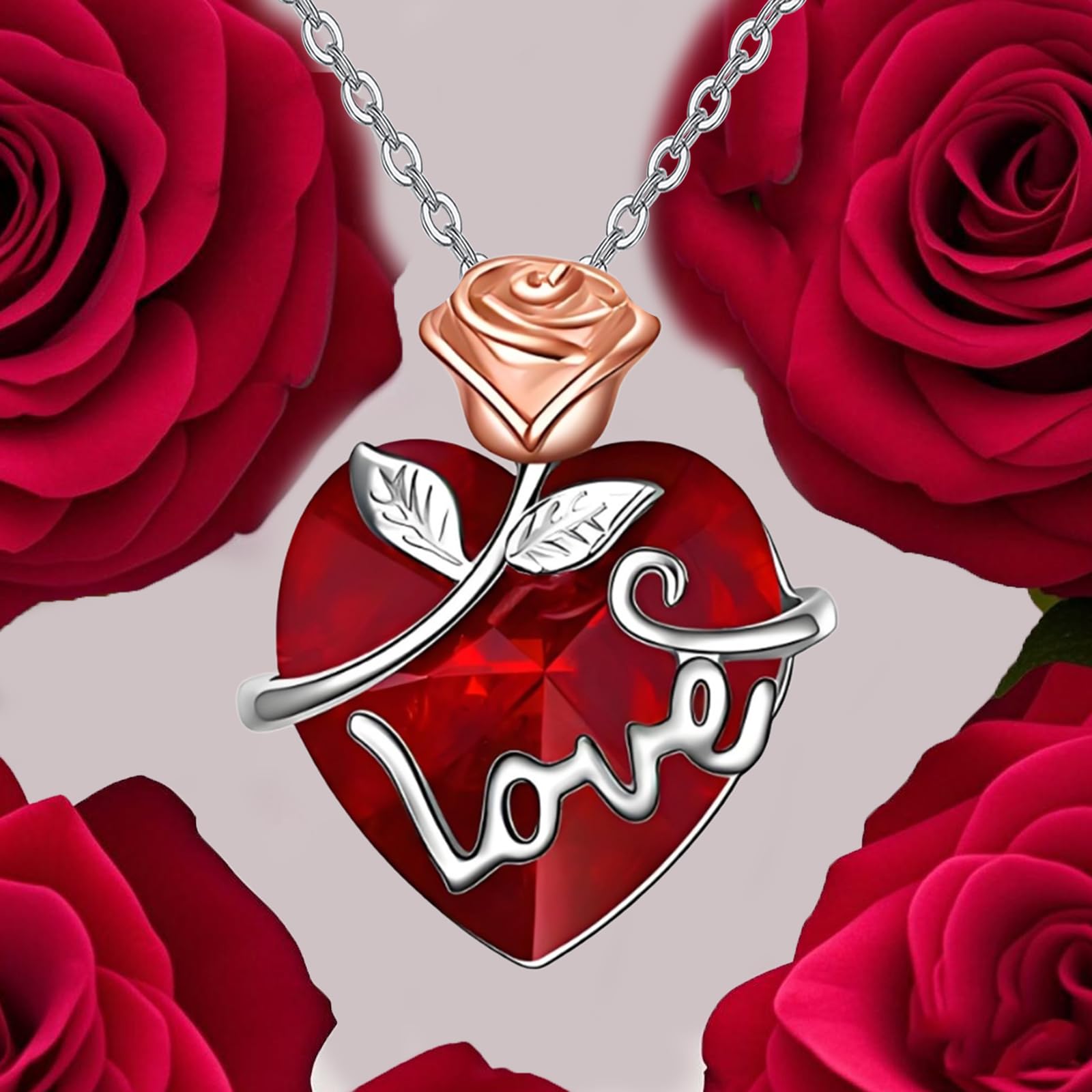 AOBOCO Rose Flower Crystal Pendant Necklace for Women - Sterling Silver Romantic Love Jewelry Gift for Anniversary, Valentine's Day & Birthday - Perfect for Date Night, Wedding & Special Occasions