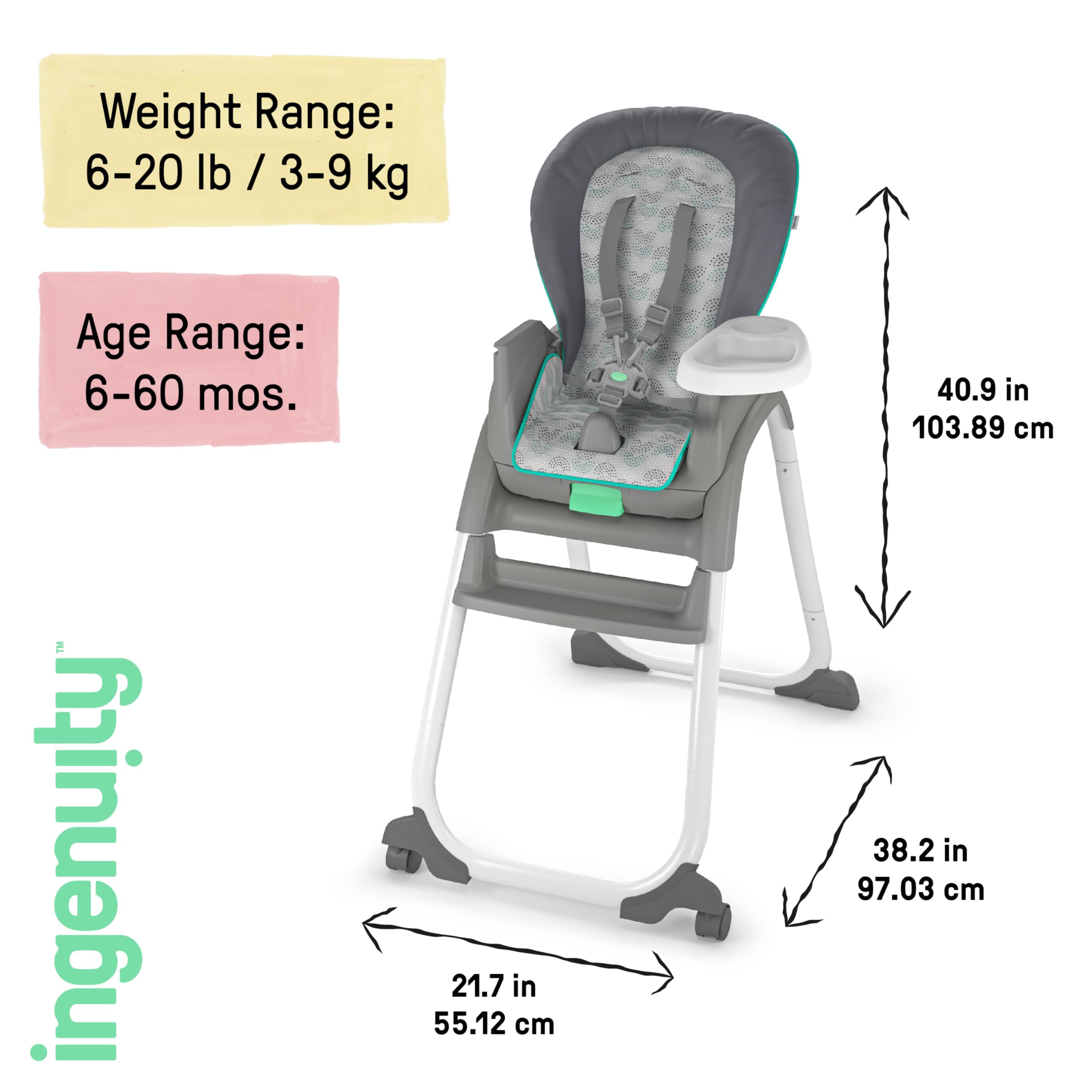 Ingenuity 6-in-1 Convertible High Chair for Babies & Toddlers (0-5 Years) - 6 Adjustable Modes, 2 Dishwasher-Safe Trays, Astro Design (Model 13108) - Perfect for Feeding, Learning & Playtime at Home or Daycare