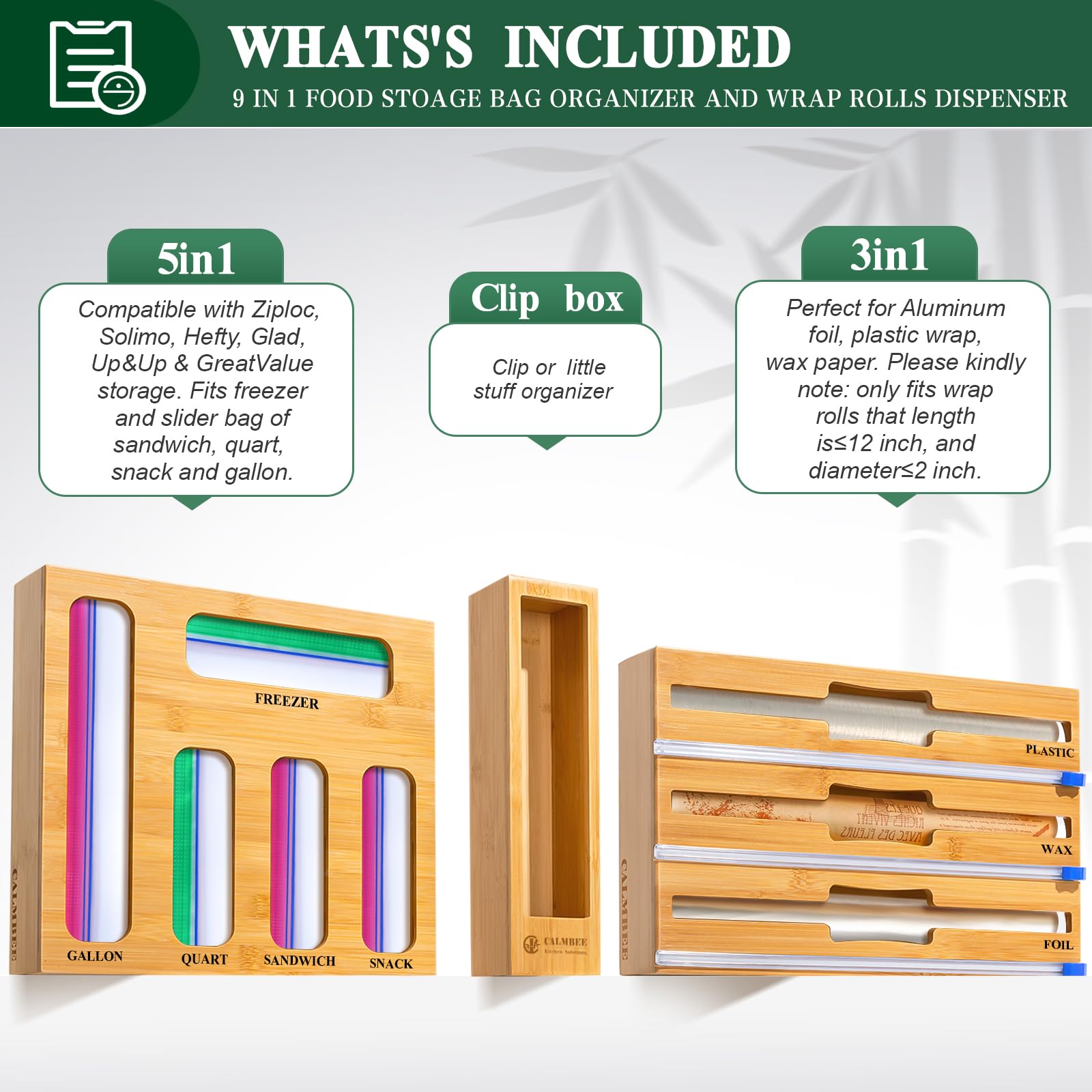 Calmbee 9-in-1 Kitchen Drawer Organizer - Bamboo Foil & Plastic Wrap Storage with Built-in Cutter - Fits Gallon, Quart & Sandwich Bags - Space Saving Solution for Pantry & Food Storage Organization