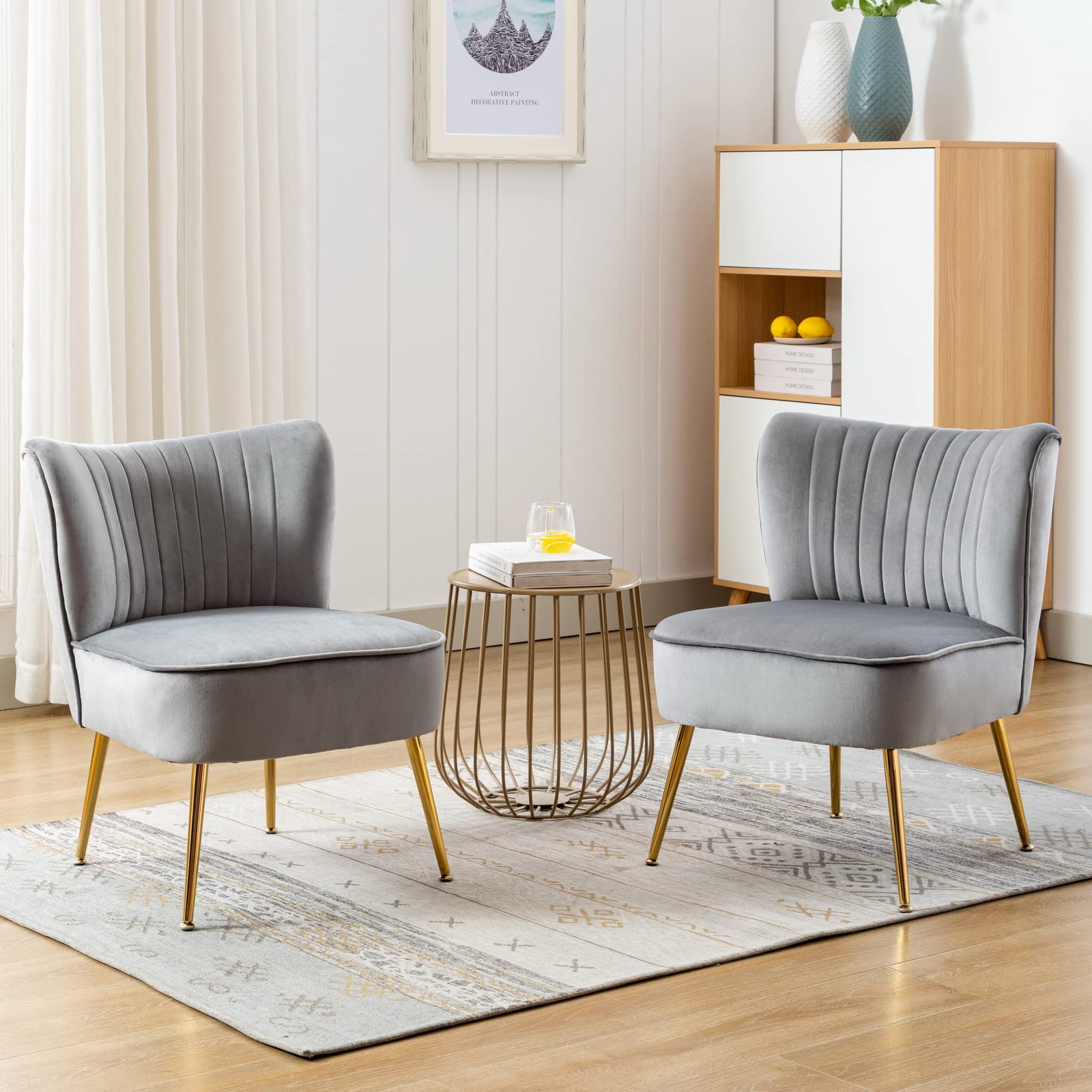 CIMOTA Velvet Grey Accent Chairs Set of 2 - Modern Armless Slipper Chairs with Golden Legs, Wingback Design for Living Room, Bedroom & Office - Soft Corner Chairs for Relaxation, Reading & Home Decor