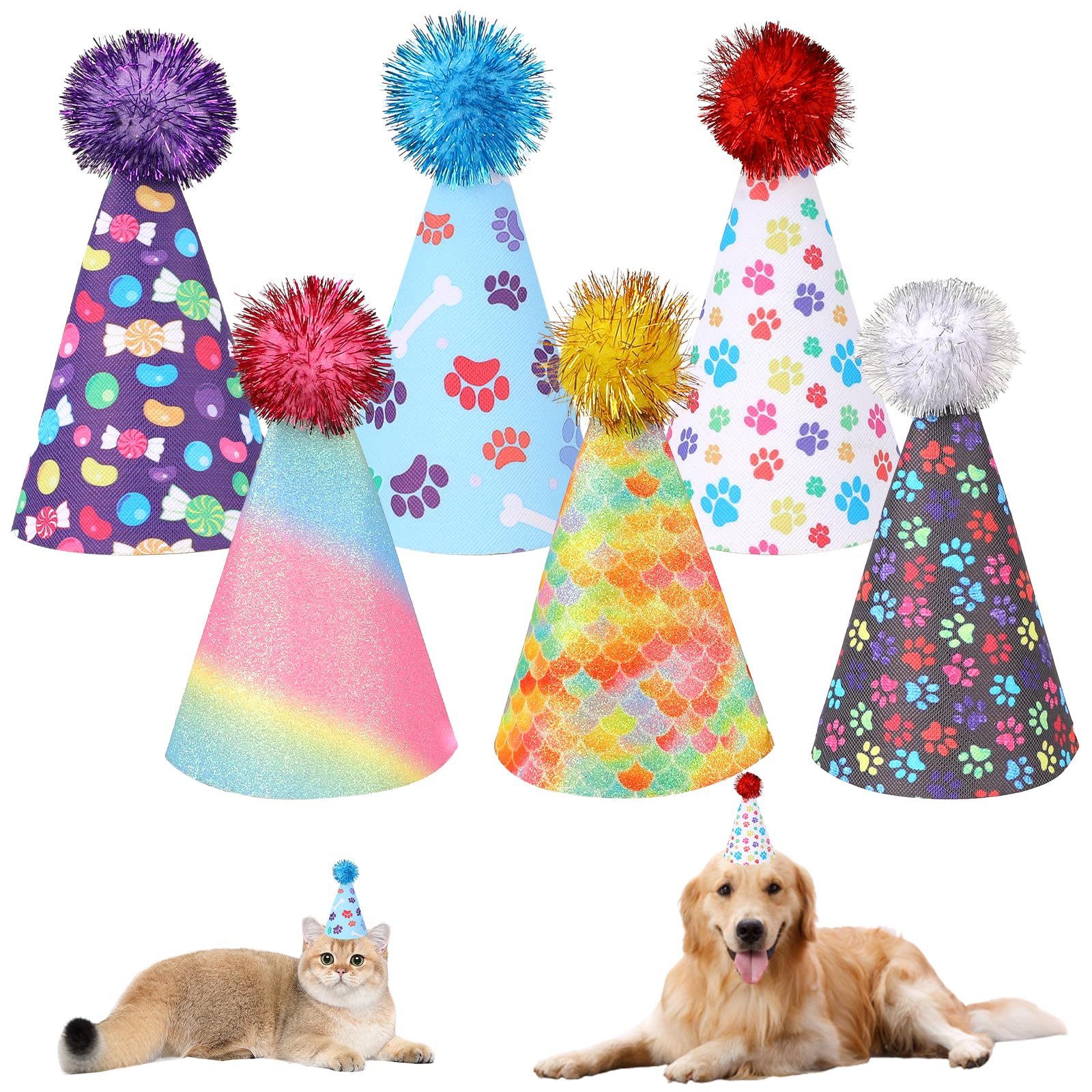 KALIONE 6 Pack Rainbow Cat & Dog Birthday Hats with Pompons - Adjustable Leather Headbands for Puppy Kitten Pet Party | Perfect for Birthday Celebrations, Photo Shoots & Pet Costume Parties