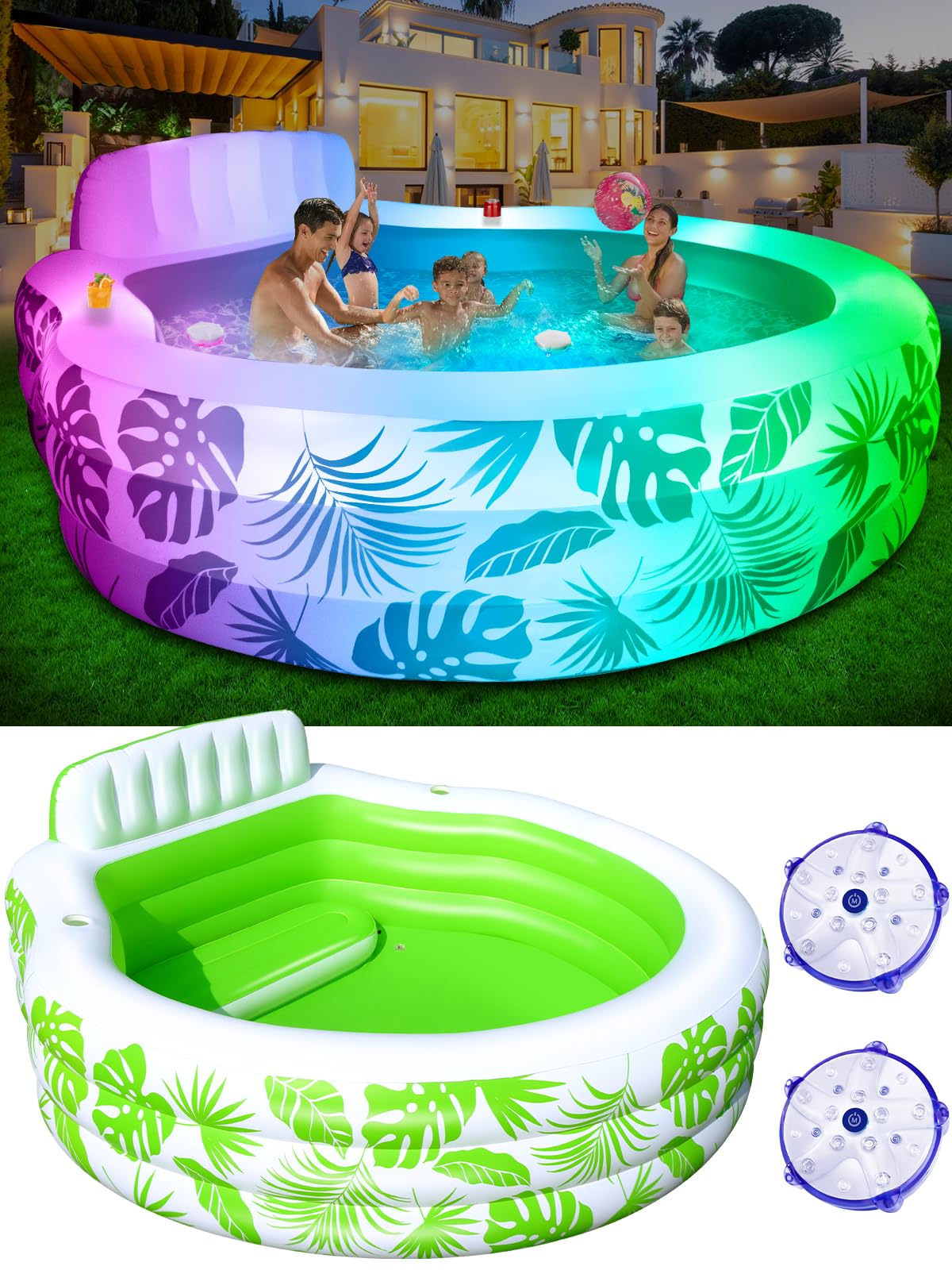**Inflatable Pool with LED Lights, 90