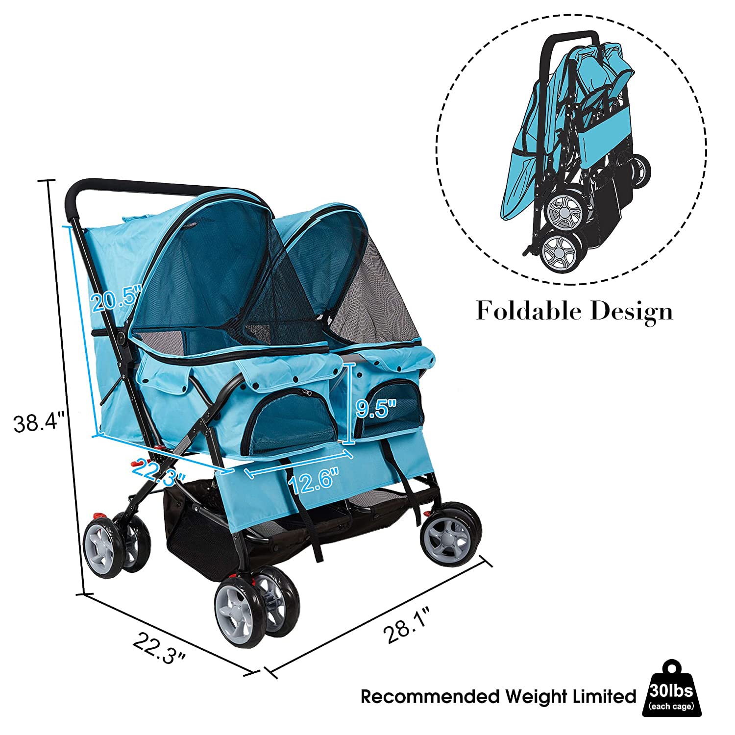 Foldable Double Pet Stroller - 2-Seater Dog & Cat Carrier with Wheels - Lightweight Travel Strolling Cart for Small Animals (Blue) - Perfect for Park Walks, Vet Visits, and Shopping Trips