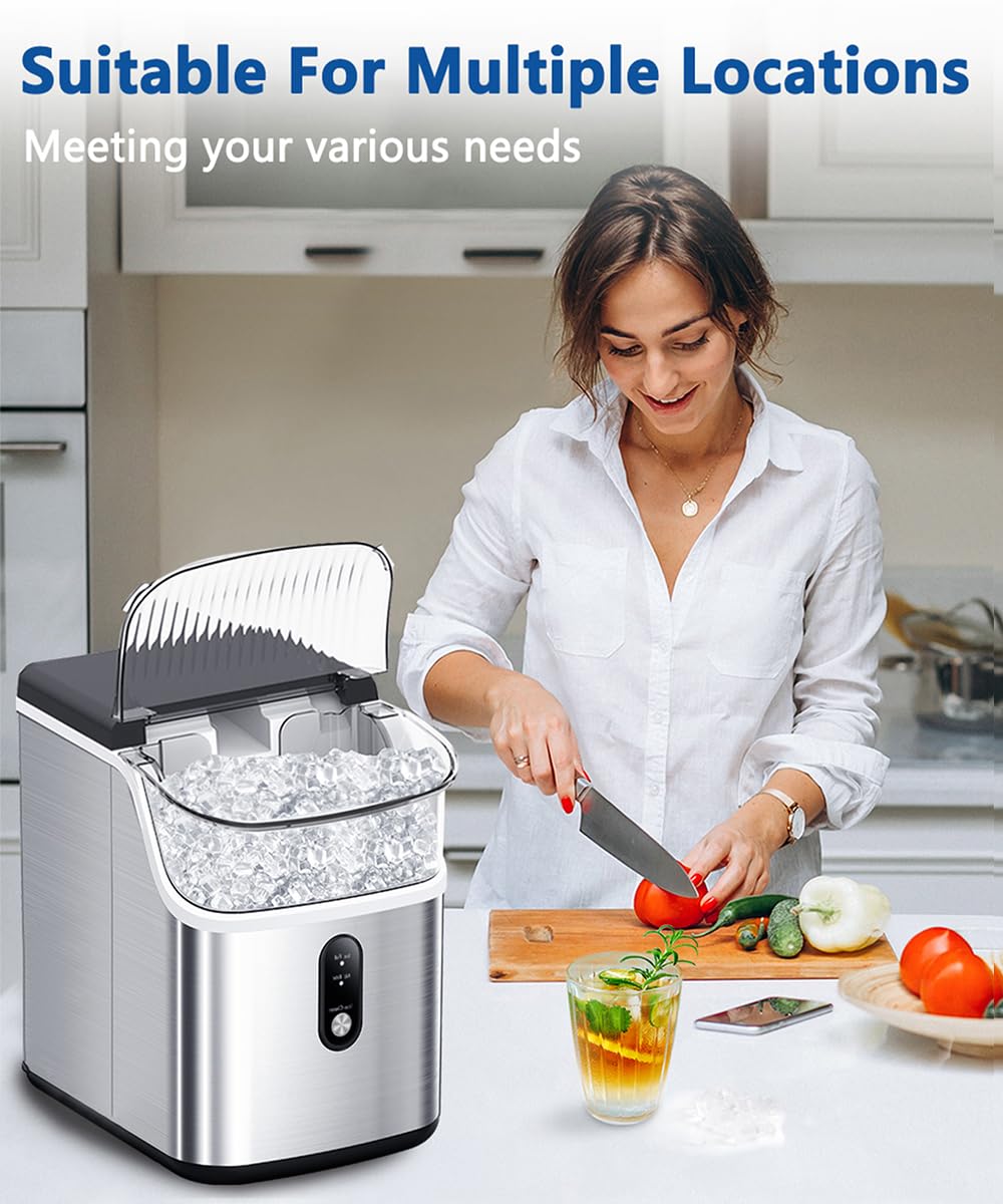 Portable Nugget Ice Maker Machine - 33lbs/Day, Self-Cleaning Countertop Ice Maker with Handle, Stainless Steel - Perfect for Home, Office, and Outdoor Use