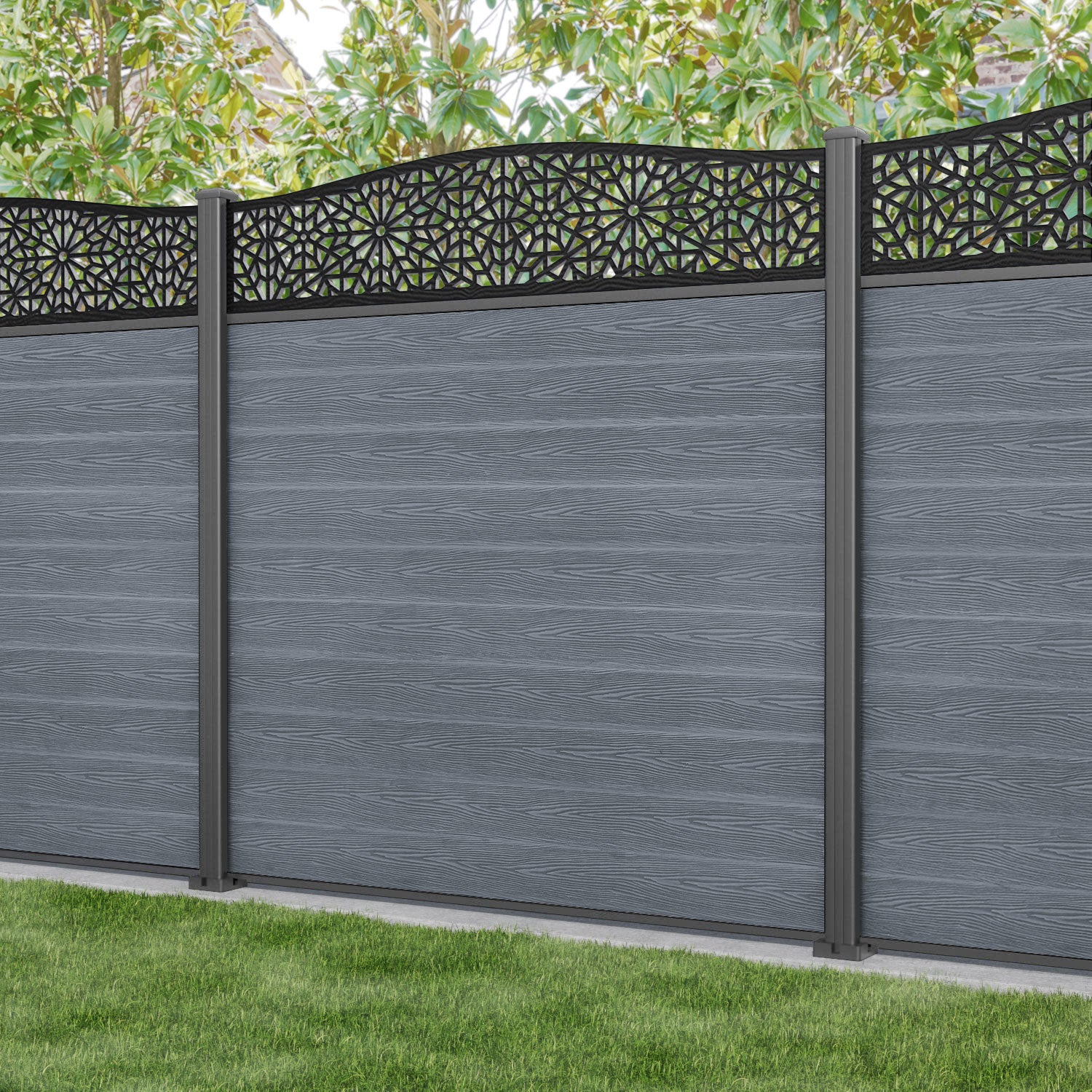 Classic Alnara Curved Top Fence Panel - Anthracite Grey Aluminum Fence with Durable Posts | Perfect for Garden, Backyard, and Poolside Privacy