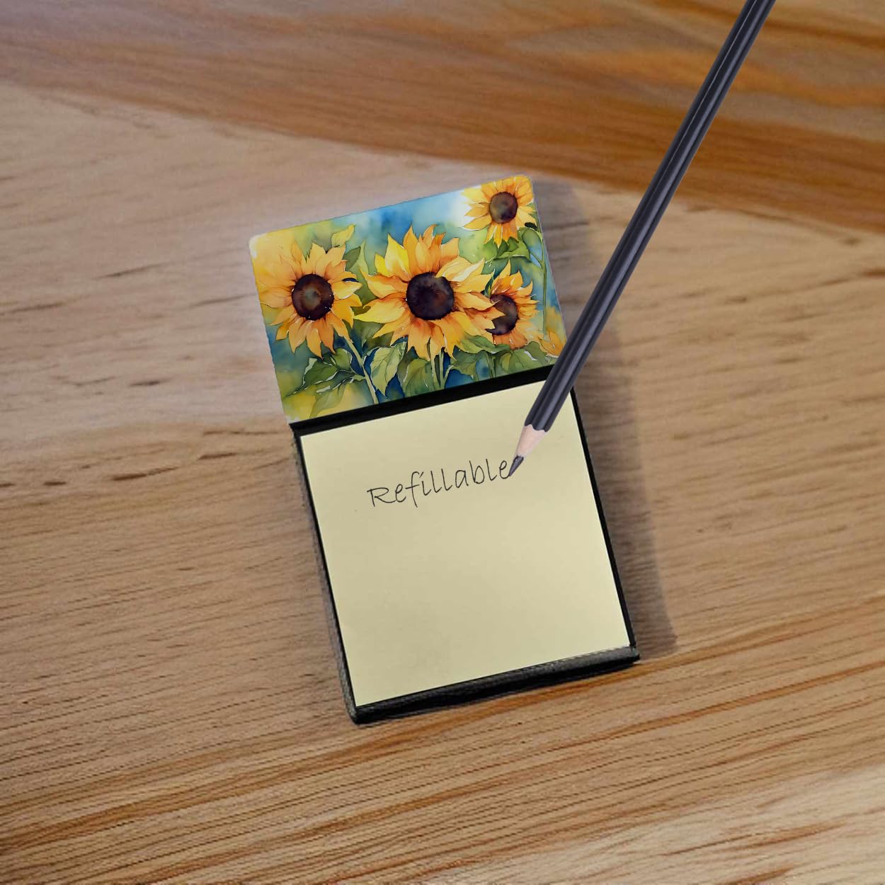 Refillable Sunflower Watercolor Sticky Note Holder with Self-Sticky Memo Pads - Office Desk Organizer for Home & Work (Blank Note Dispenser)