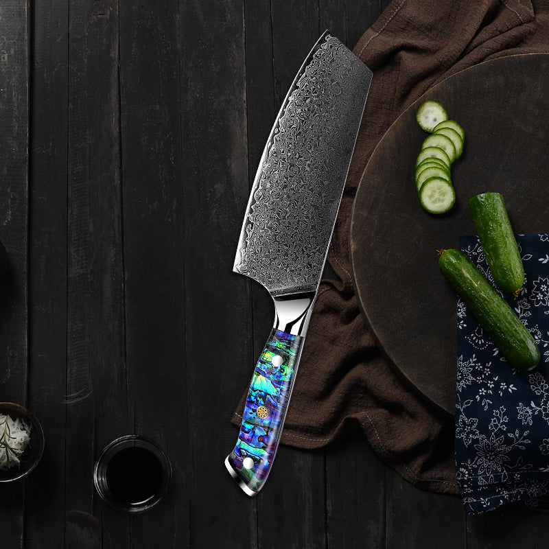 Premium Ronin VG10 Damascus Steel Cleaver Knife - Japanese Style Chef Knife with Exotic Abalone Shell Composite Handle - Perfect for Professional Chefs, Home Cooking & Meat Cutting