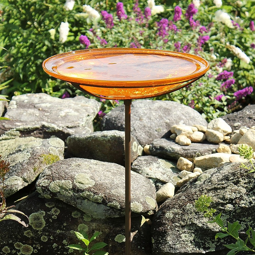 Achla Designs 14-inch Crackle Glass Birdbath Bowl with Stake - Decorative Garden Bird Feeder for Outdoor Patio, Yard & Backyard Decor - Attracts Wild Birds for Bird Watching