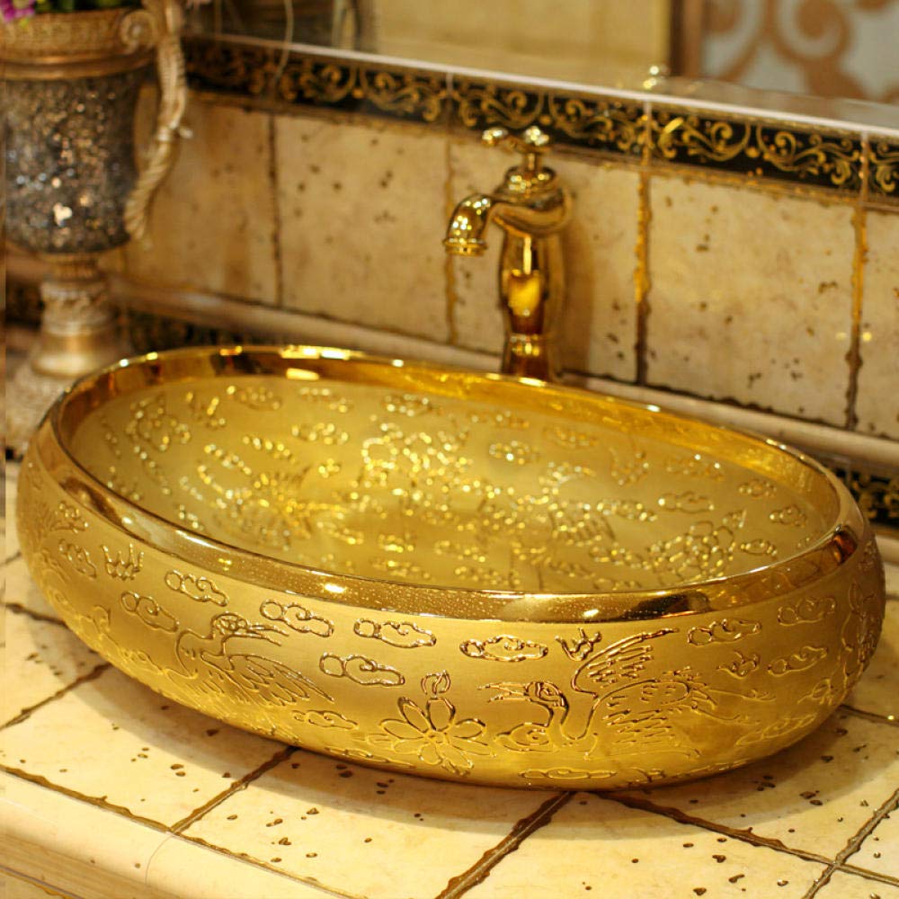 SHAWLA Oval Ceramic Vessel Sink - Embossed Countertop Bathroom Basin for Vanity | Modern Bathroom Decor, Powder Room Upgrade, Guest Bath Installation