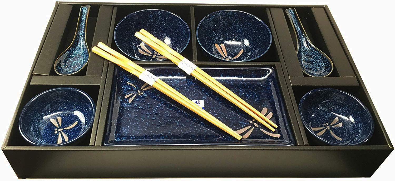 Ebros Gift Japanese Mino Ware Tombo Dragonfly Blue Porcelain 10-Piece Sushi Dinnerware Set for 2 - Includes Sushi Plates, Soup Bowls, Sauce Bowls, Bamboo Chopsticks & Asian Soup Spoons | Authentic Japanese Dining Experience, Perfect for Sushi Nights, Asian-Themed Dinners & Housewarming Gifts