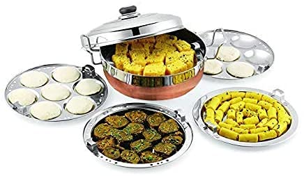 Premium Stainless Steel Multi Kadhai Steamer with Copper Bottom - 5-Piece Set (2 Idli Plates, 2 Dhokla Plates, 1 Patra Plate) | Silver Finish | Perfect for Indian Cooking, Steaming Snacks & Healthy Meals at Home