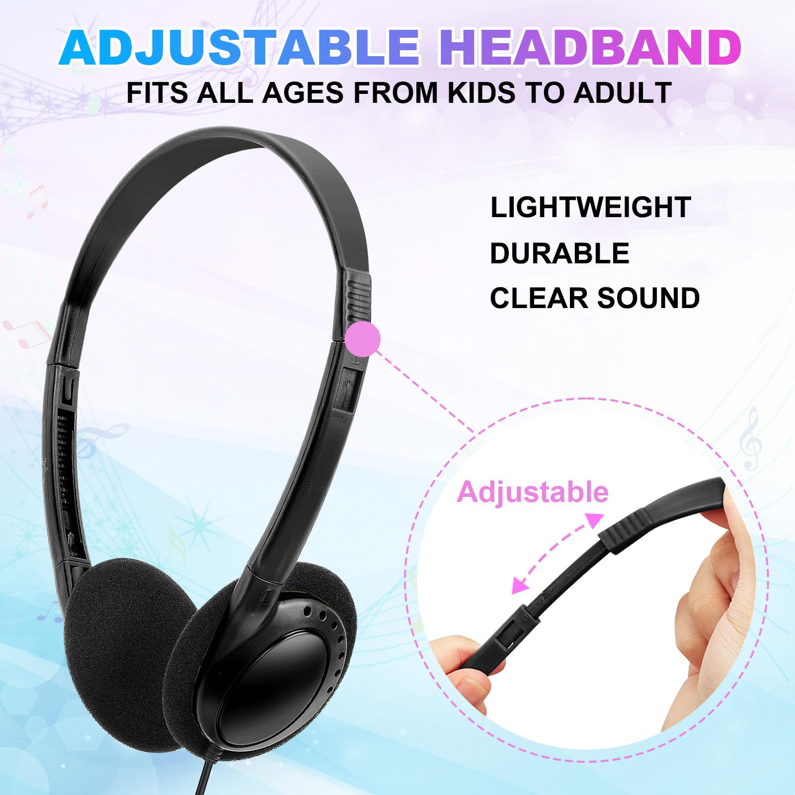 Bulk 10 Pack Wired Headphones with 3.5mm Jack for School, Classroom, Kids, Students & Adults - Durable Headphones for Online Learning, Music, Gaming & Office Use (Black)
