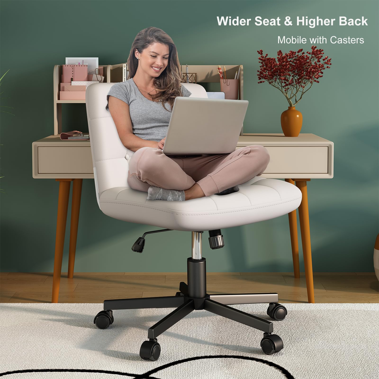 White PU Leather Swivel Office Chair with Wheels - Adjustable Height Criss Cross Leg Design Armless Computer Desk Chair for Home Office, Perfect for Working, Gaming & Vanity Dressing