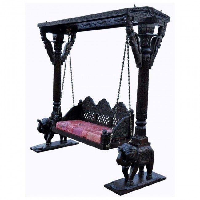 Hand Carved Elephant Design Swing Daybed 215CM - Outdoor Hanging Bed for Patio, Garden, Poolside & Backyard Relaxation