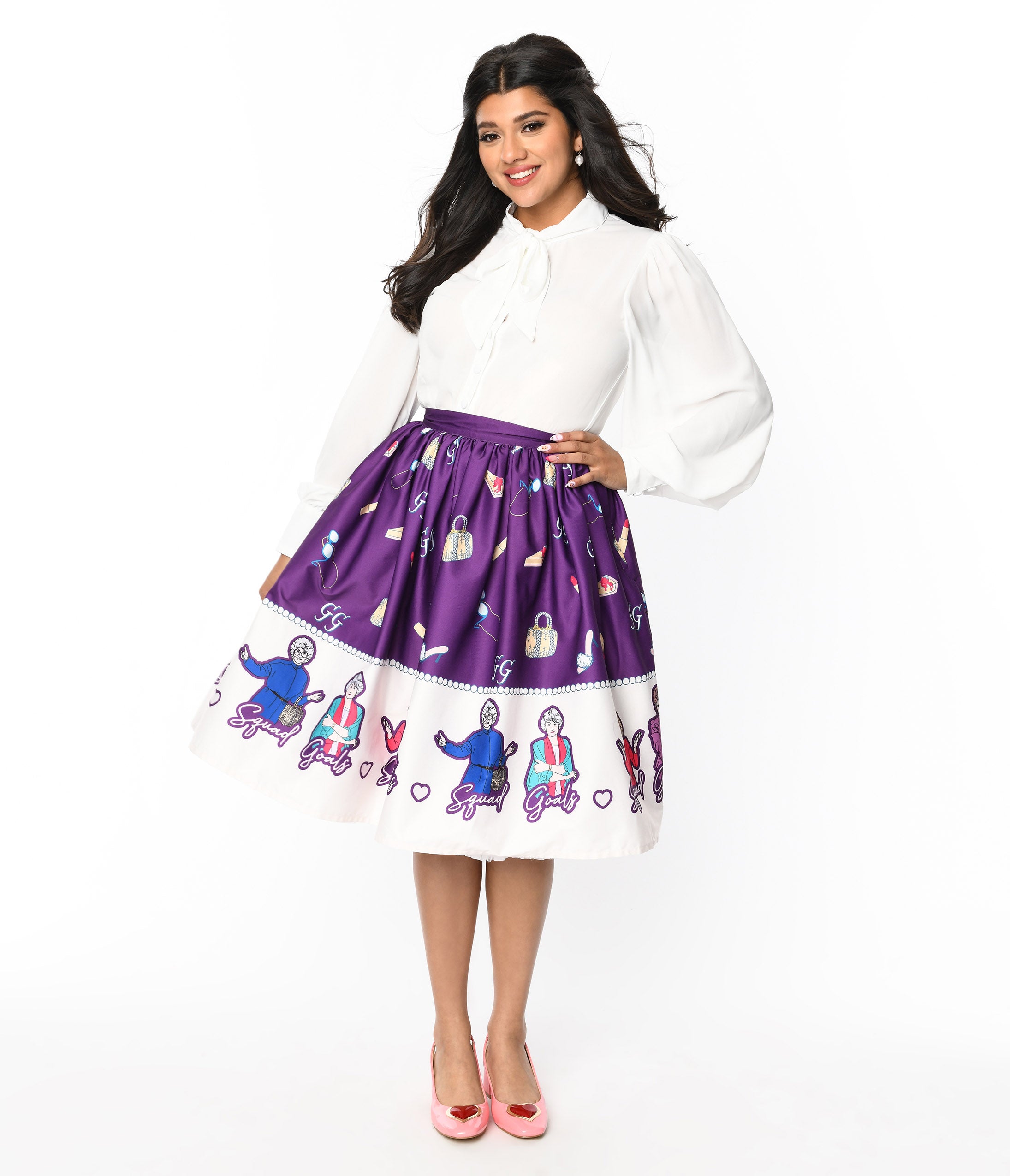 Golden Girls x Unique Vintage Purple Character Border Gellar Swing Skirt - Retro 50s Style Flared Skirt for Women, Vintage TV Show Inspired Fashion, Perfect for Cosplay, Themed Parties & Retro Outfits