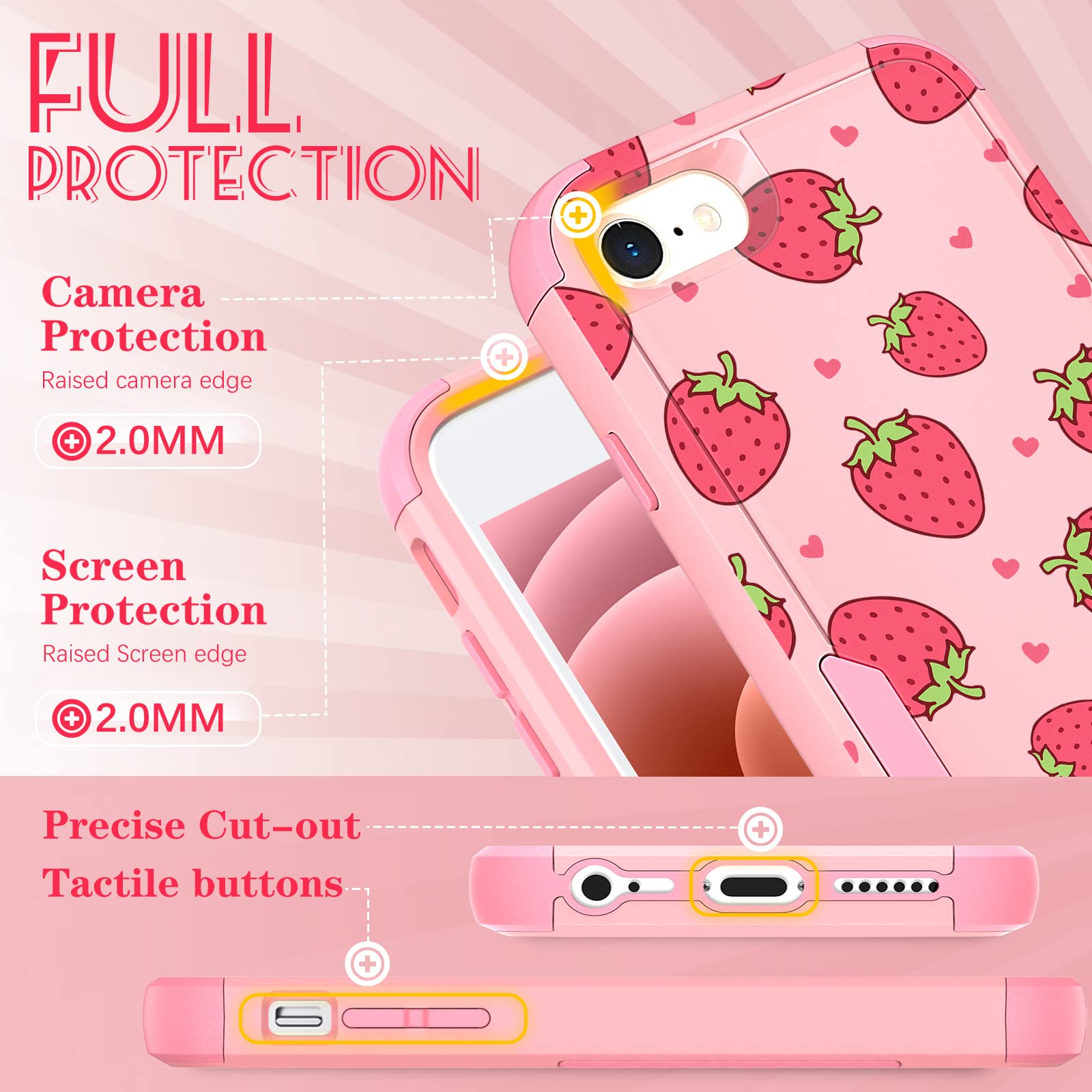 Premium Heavy Duty Protective Case for iPhone SE 2020/2022/3rd Gen & iPhone 8/7 - Cute Strawberry Design Hard Cover for Women, Men, Girls & Boys - Perfect for Daily Use, Travel & Outdoor Activities