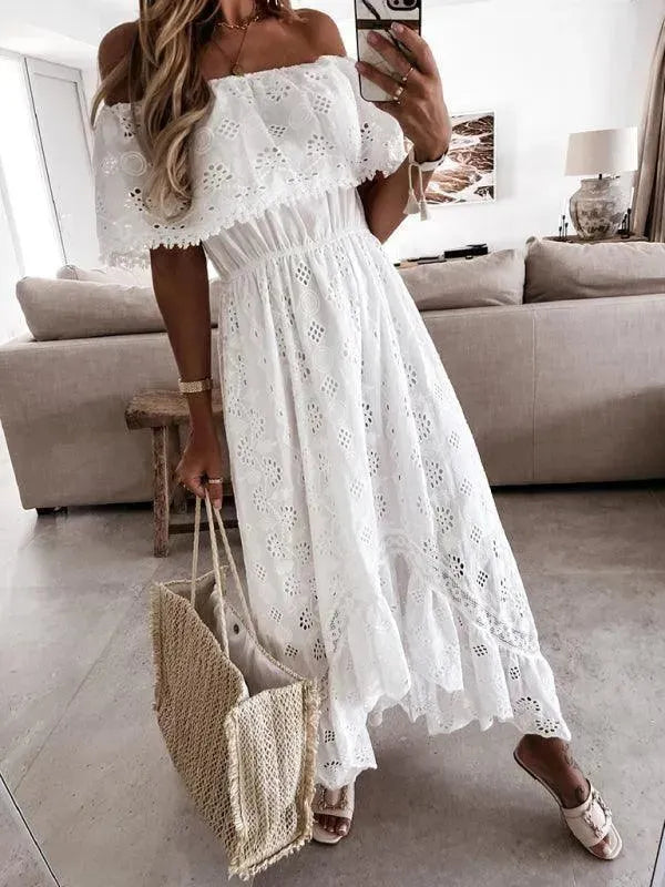Elegant Women's Solid Color Lace Long Dress for Evening Party, Wedding Guest, or Special Occasions