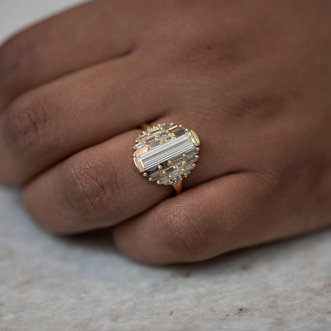 Elegant Grey Ombre Diamond Ring with Baguette Cut Stones | Geometric Wedding Band for Women | Perfect for Engagement, Anniversary & Special Occasions