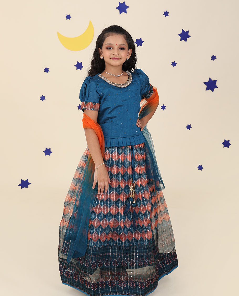 Blue Cholly Set with Intricately Printed Skirt, Embroidered Puff Sleeve Blouse & Net Dupatta - Perfect for Festivals, Weddings & Special Occasions