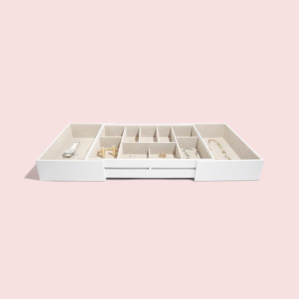 Large Expanding Jewelry Drawer Organizer - Stackable White Jewelry Storage Box for Necklaces, Rings & Earrings | Perfect for Bedroom, Closet & Travel Organization