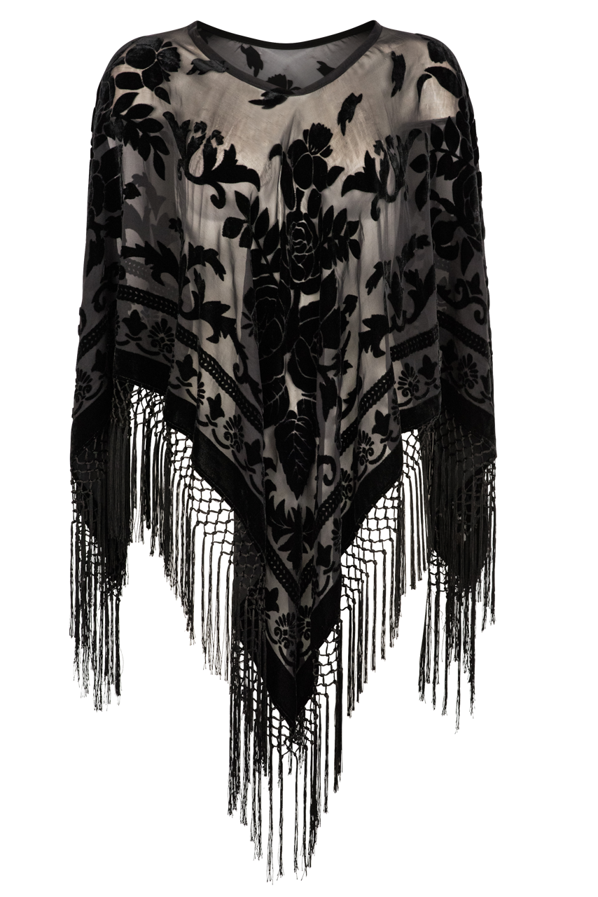 Stylish Pat Dahnke Black Burnout Poncho Shawl - Lightweight & Fashionable Cover-Up for Women - Perfect for Beach, Travel, and Casual Outings