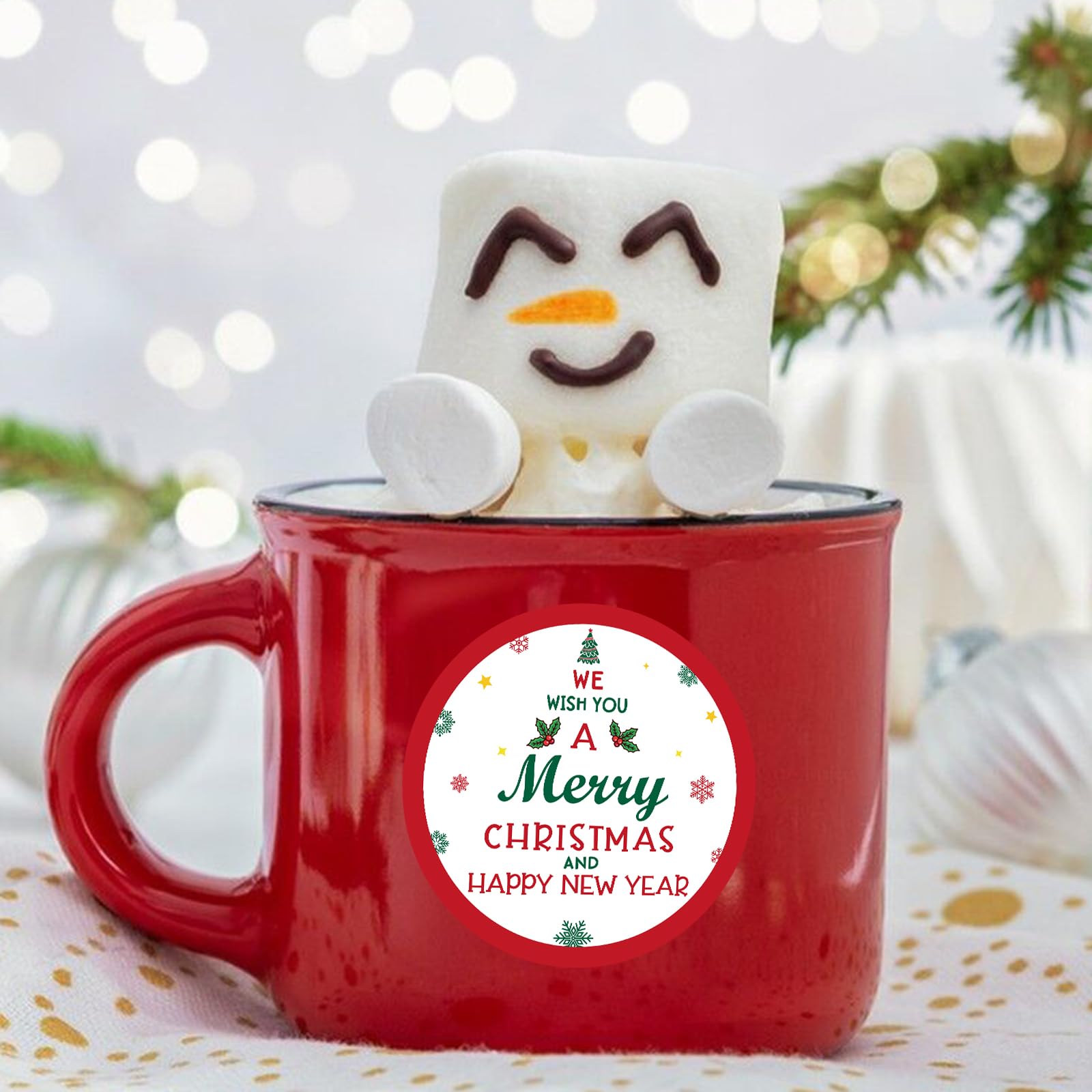 Anwyll Merry Christmas Stickers & Happy New Year Stickers - 50pcs Festive Red & White Decorative Labels for Gift Wrapping, Packaging Boxes & Bags - Perfect for Holiday Cards, Presents & DIY Crafts