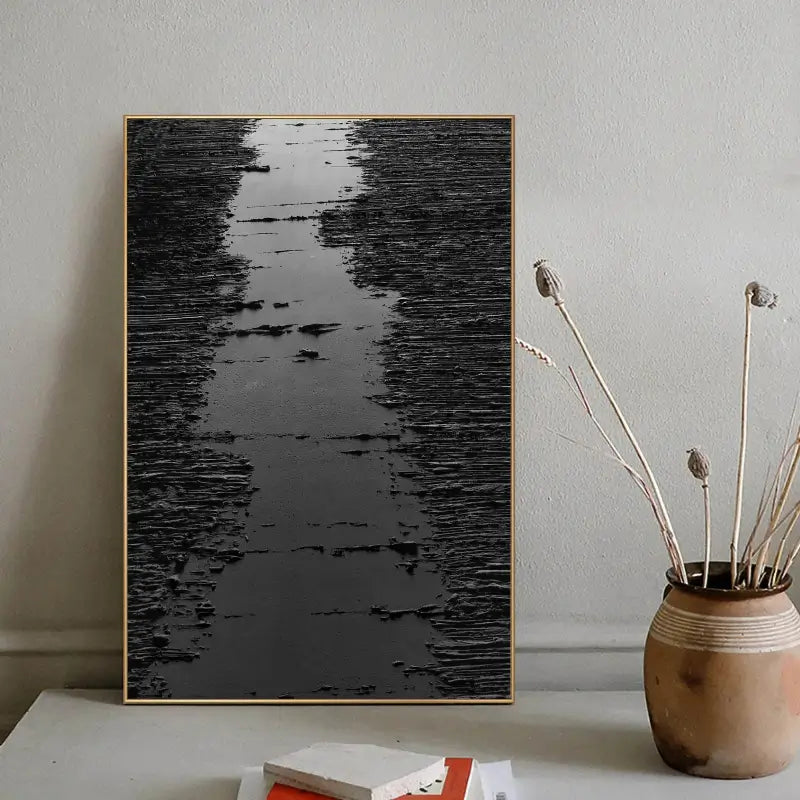 Modern Black Minimalist Textured Canvas Wall Art Painting - Abstract Home Decor for Living Room, Bedroom & Office | #MZ008