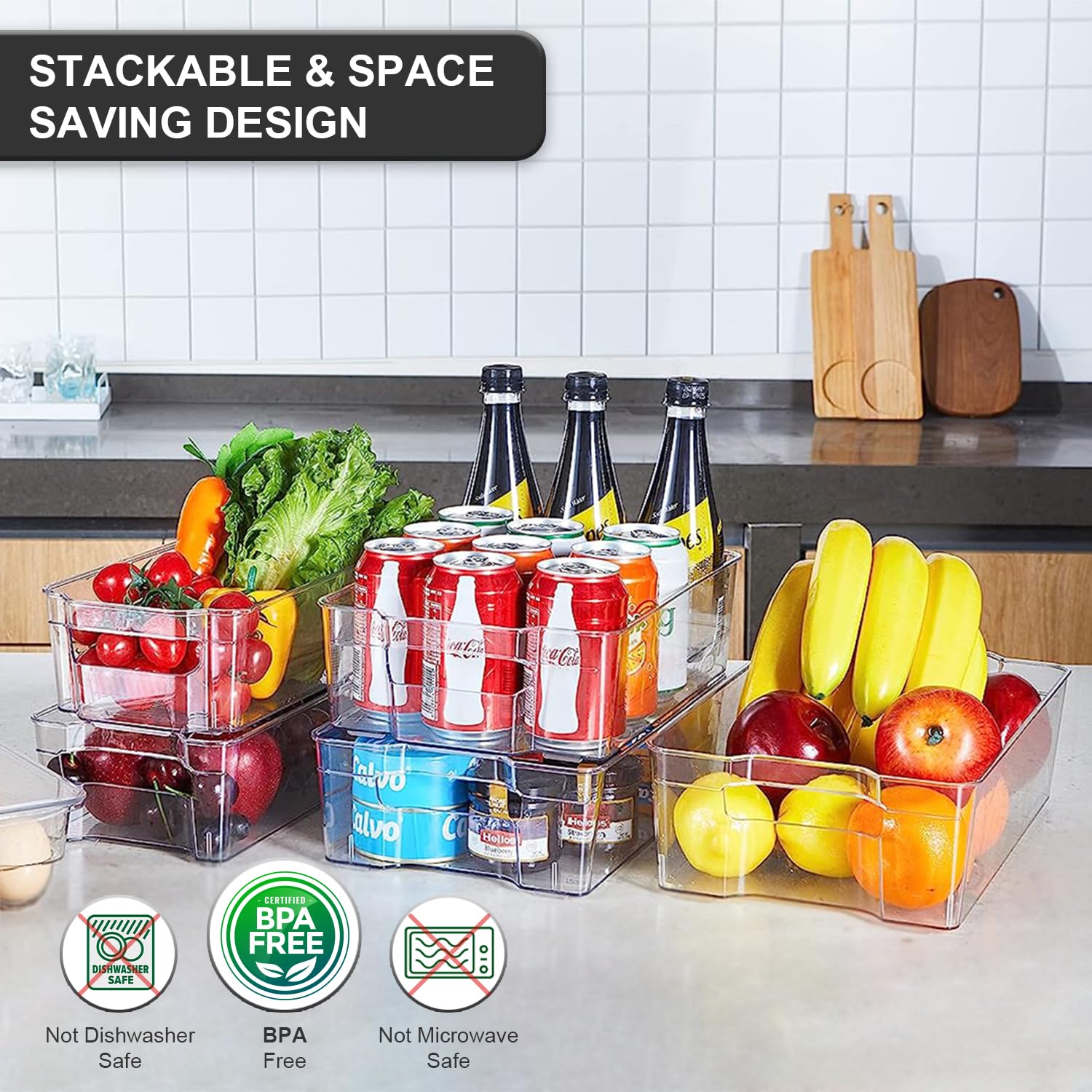 JINAMART Clear Plastic Pantry Organizer Set of 4 - Stackable Fridge Storage Containers for Vegetables, Fruits & Leftovers - Refrigerator Organizer Bins for Kitchen Cabinet & Countertop Storage