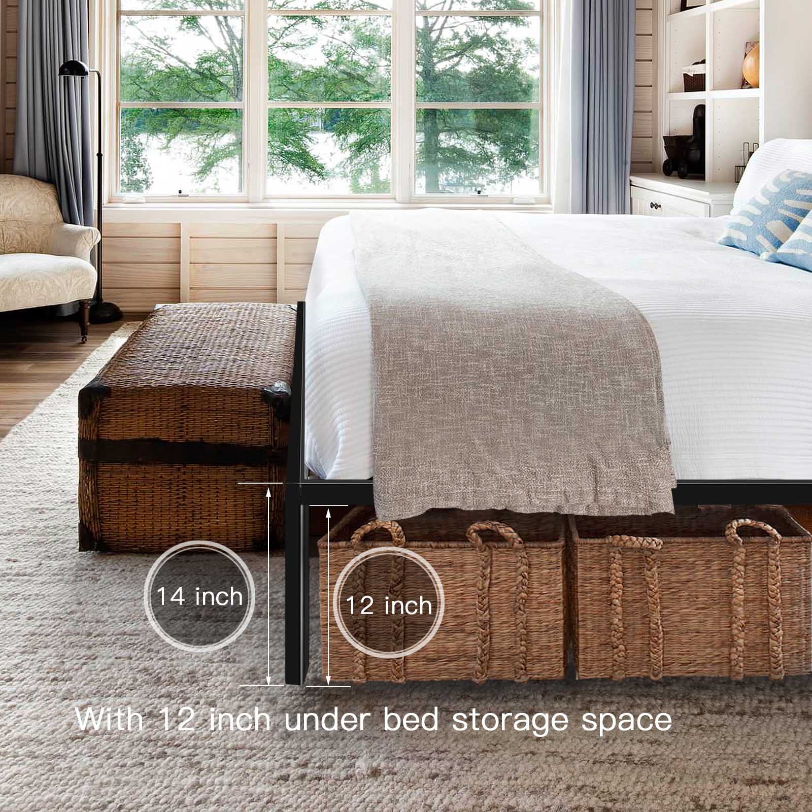 Heavy Duty 14 Inch Full Size Metal Platform Bed Frame with Storage & Steel Slats - Sturdy Support for Mattress, Space-Saving Bedroom Furniture for Small Apartments, Dorms & Guest Rooms