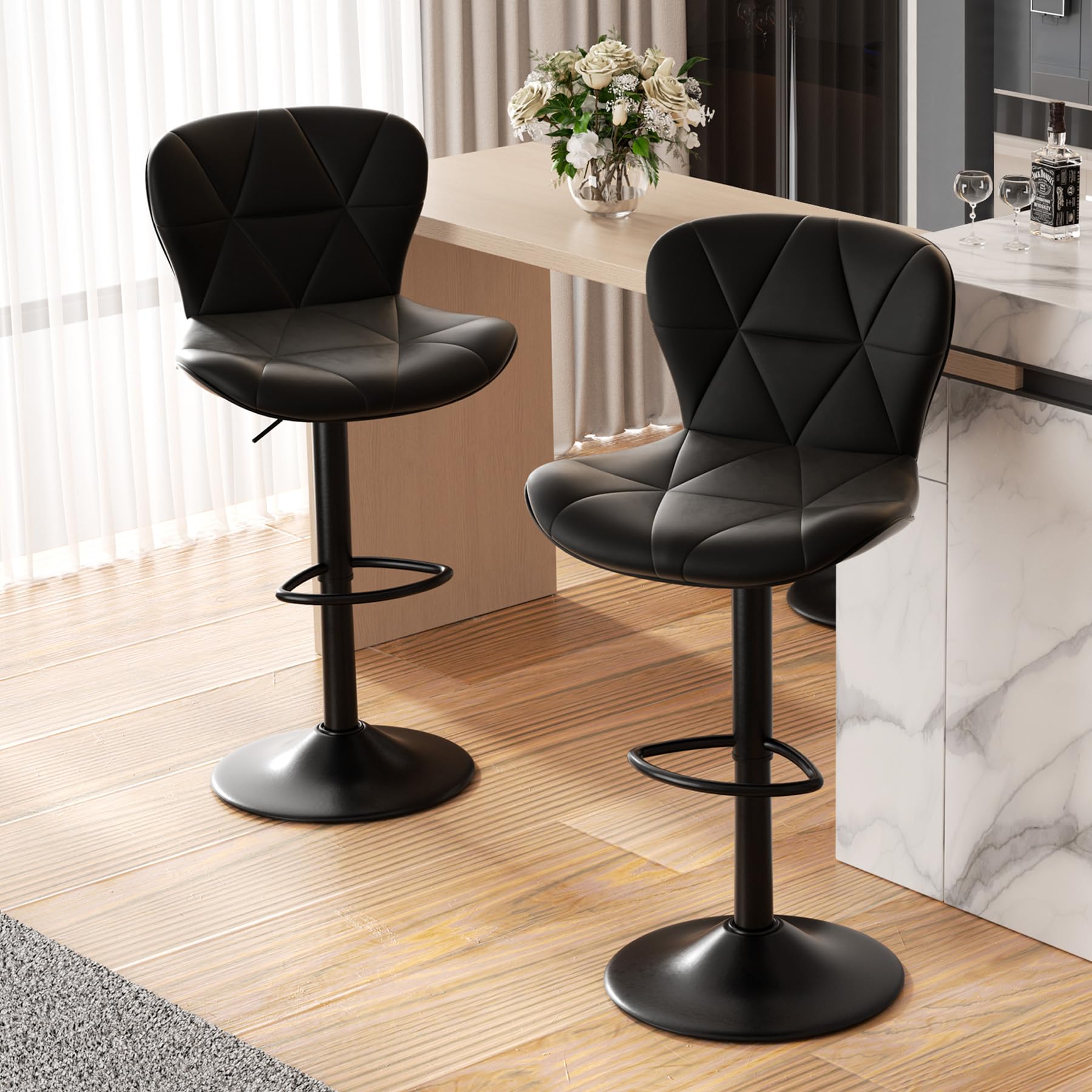 Modern Bar Stools Set of 2 - Adjustable Height Faux Leather Swivel Counter Stools with Back Support for Kitchen Island, Dining Bar & Home Decor - Black