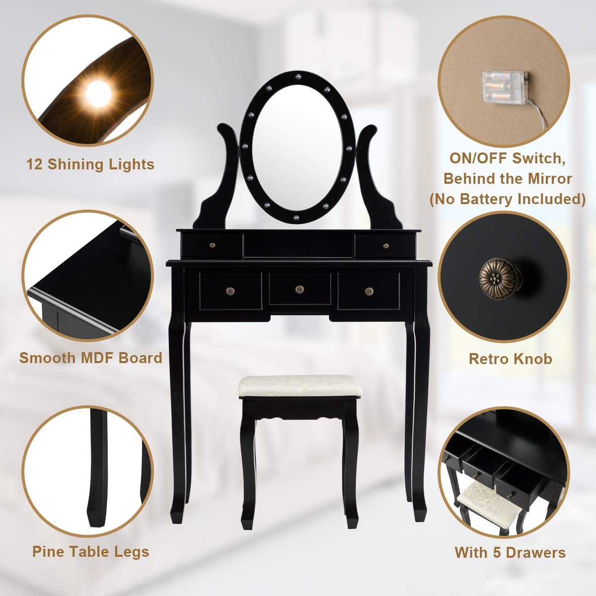 GOFLAME 360° Rotating Oval Makeup Mirror Vanity Set with LED Lights - Dressing Table & Cushioned Stool, 5 Sliding Drawers, Detachable Top - Perfect for Bedroom, Dressing Room, Home Decor (Black) | Ideal for Makeup Application, Skincare Routine & Home Organization
