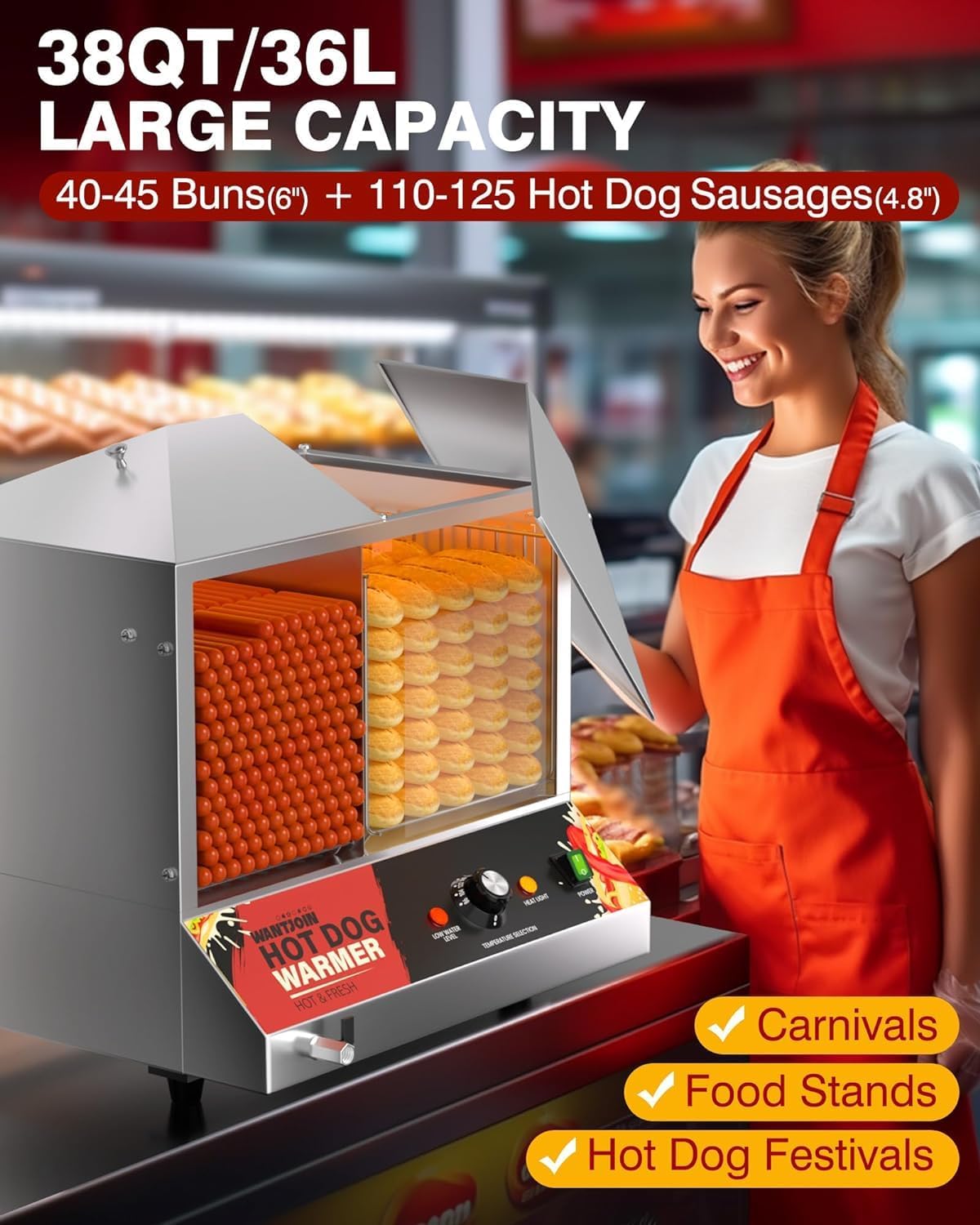 Commercial Hot Dog Steamer 36L/38QT with Bun Warmer - Stainless Steel Cabinet & Tempered Glass - Holds 200-275 Sausages & 45 Buns - 1200W for Restaurants, Food Trucks, and Catering Events