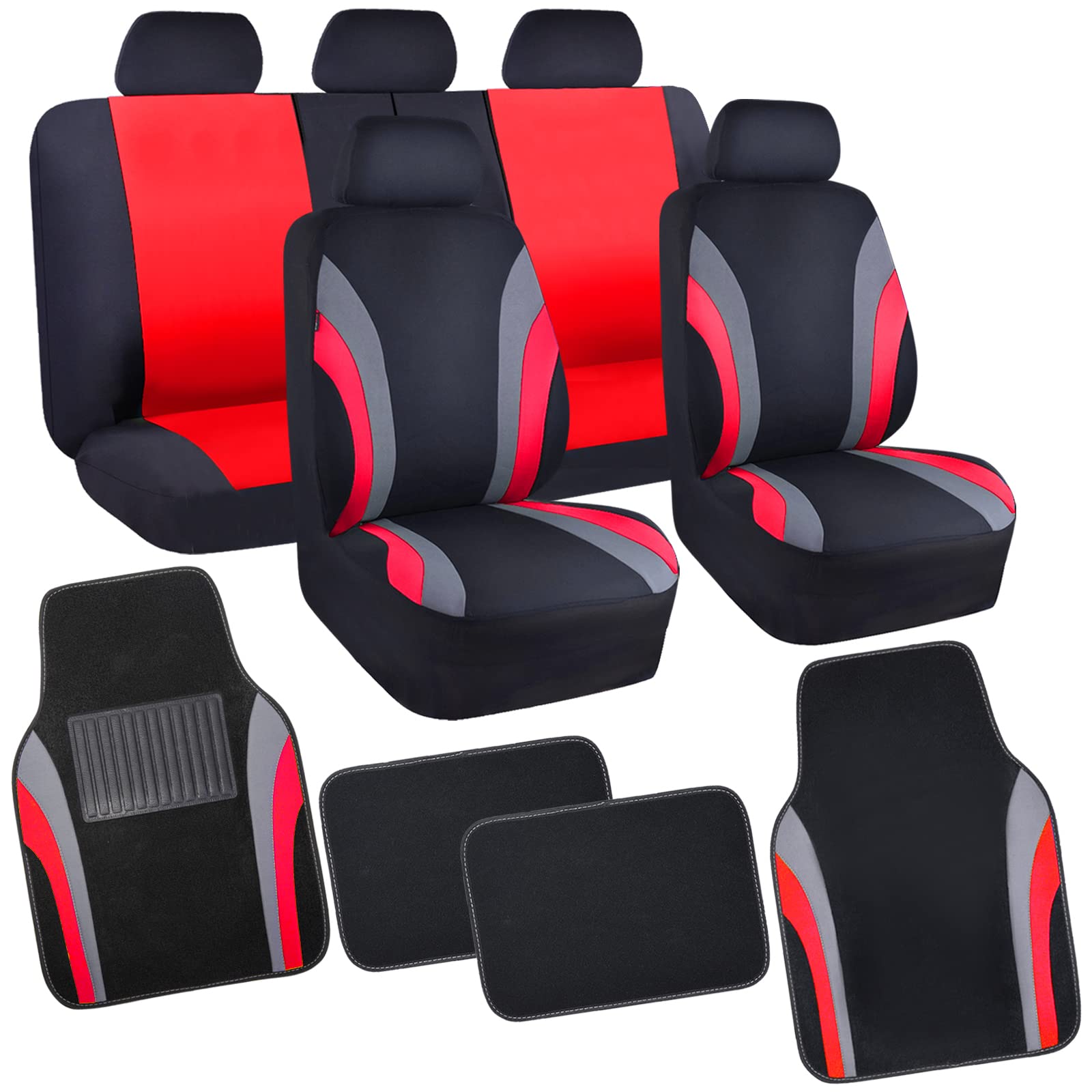 CAR PASS Line Rider Sporty Universal Fit Car Seat Covers Full Set with 4Pcs Waterproof Floor Mats - Airbag Compatible Auto Interior Protection for Sedans, Trucks, Vans & SUVs (Black & Red Combo) | Perfect for Daily Commute, Road Trips & Family Adventures