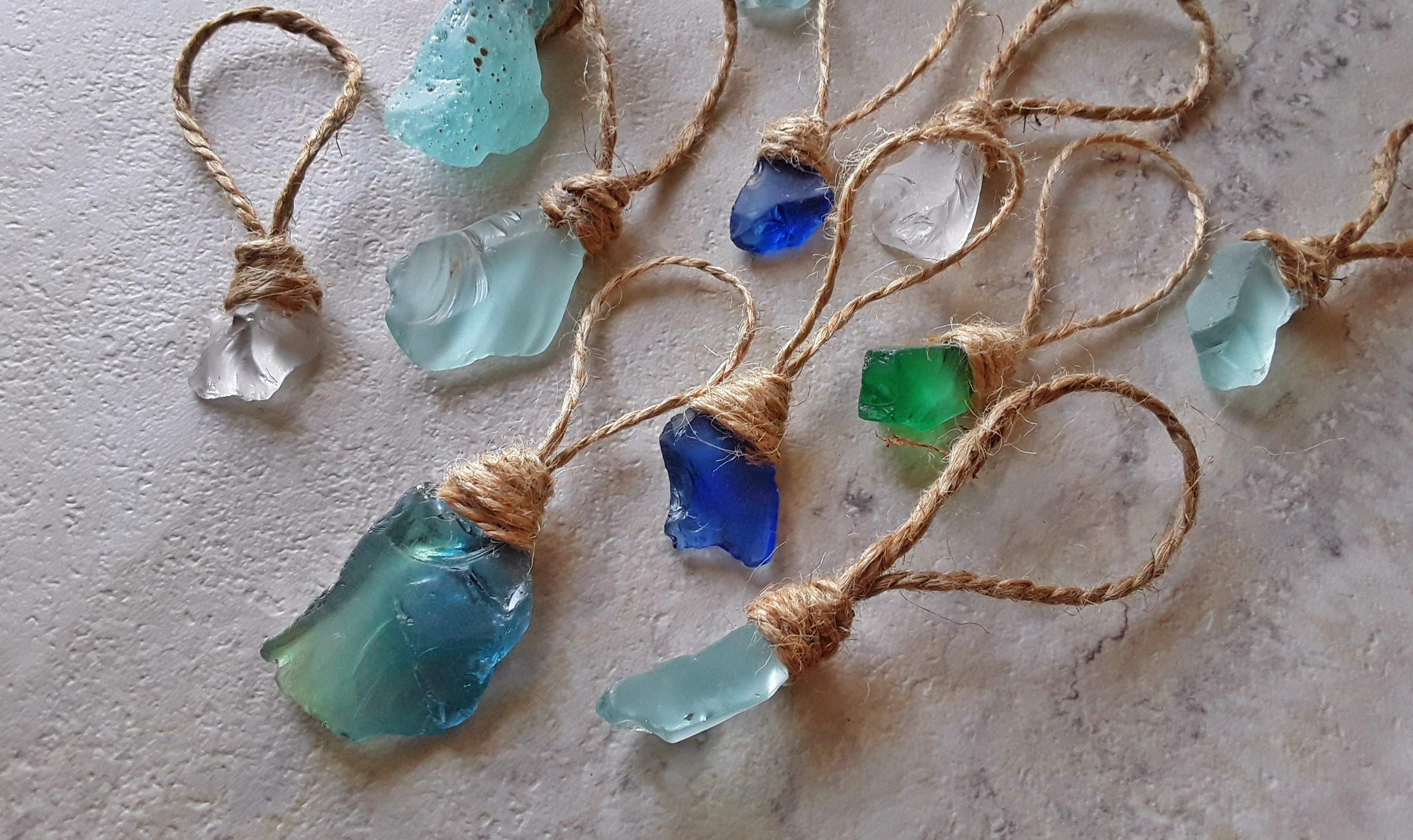 Ocean Inspired Beach Themed Tropical Sea Glass Ornament Sets - Natural Sea Glass with Jute Rope, 10-Piece Set for Home Decor, Wedding Favors, DIY Crafts & Coastal Themed Parties