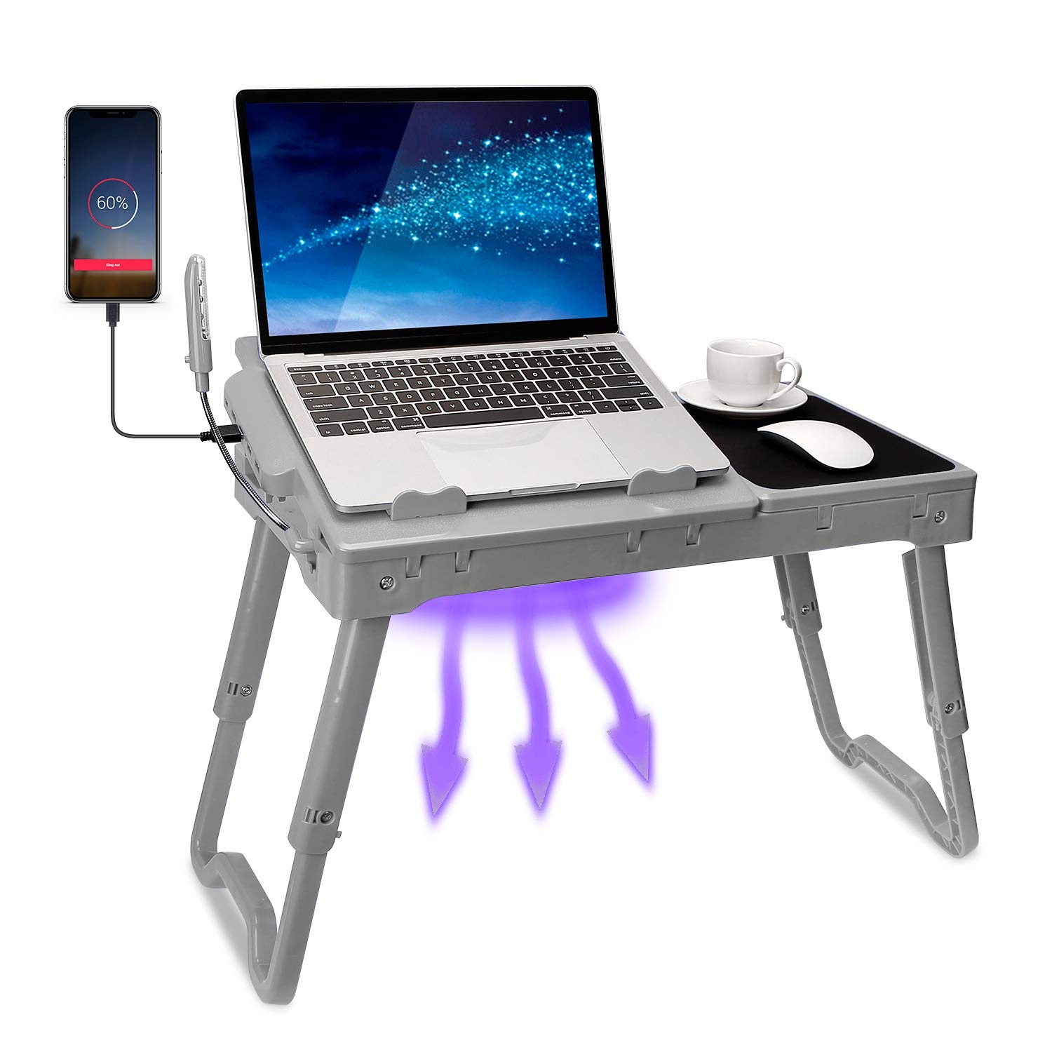 Adjustable Laptop Table for Bed with Cooling Fan, 4 USB Ports & LED Light - Foldable Portable Lap Desk for Sofa, Couch or Bed - Includes Storage Drawer & Mouse Pad (Grey) - Perfect for Work, Study & Entertainment in Bed or Living Room