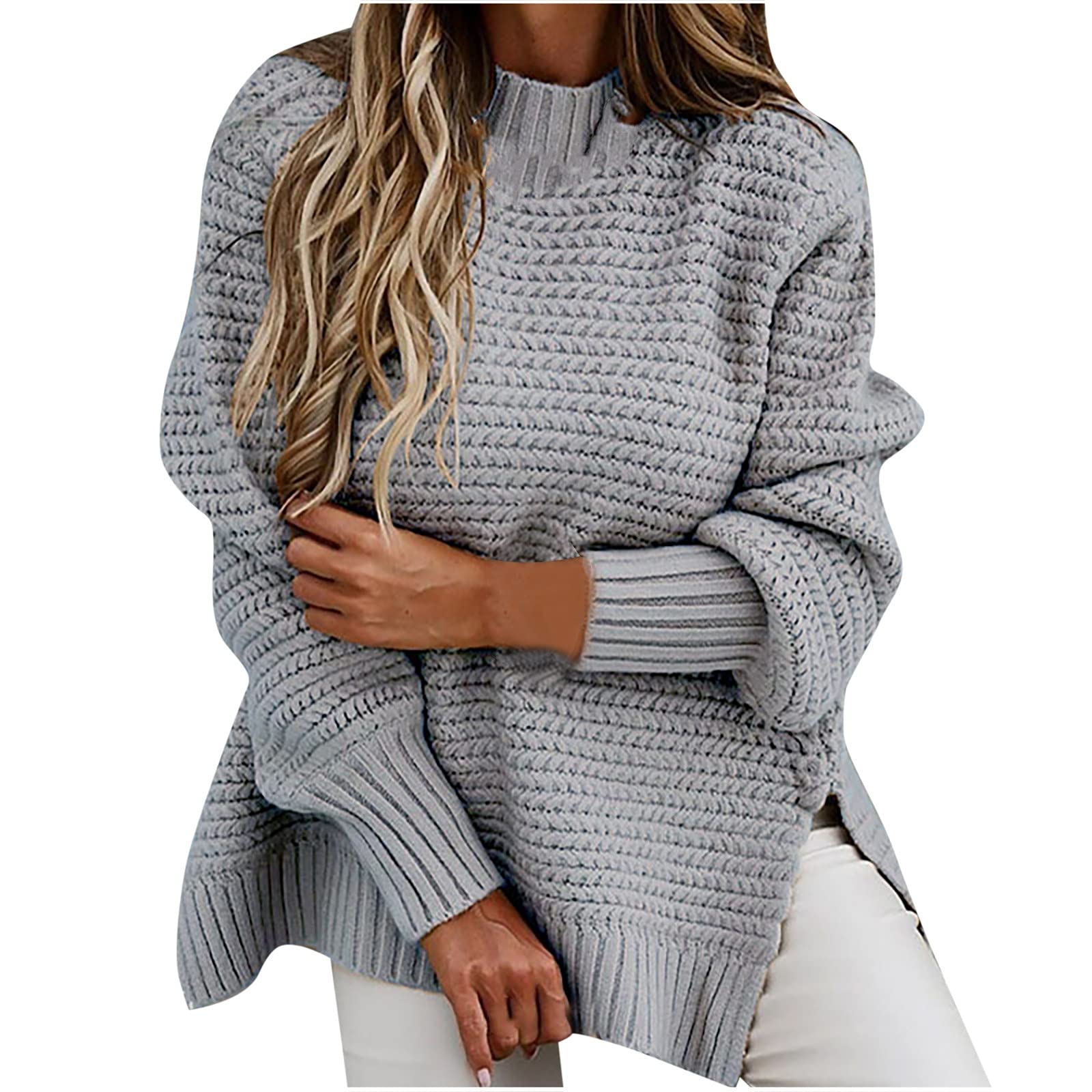 Women's Oversized Cable Knit Sweater - Loose Fit Long Sleeve Crewneck Pullover with Side Slits | Warm Winter Jumper for Casual Outfits, Office Wear & Holiday Gatherings