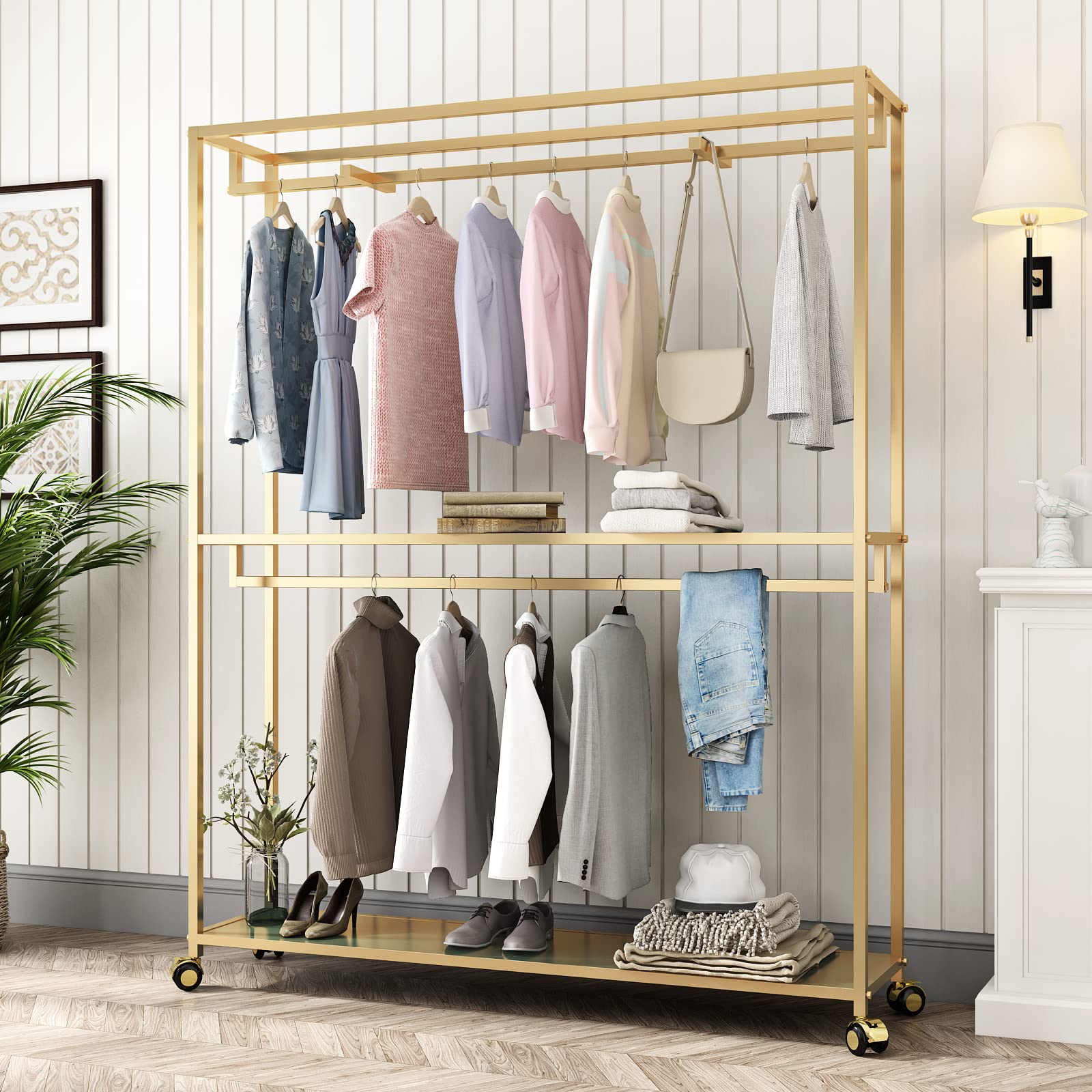 Gold Clothes Rack with Shelves - Heavy Duty Free-Standing Garment Rack for Hanging Clothes, Large Wardrobe Organizer for Boutiques & Home Use - Perfect for Bedroom, Closet, or Retail Store Display