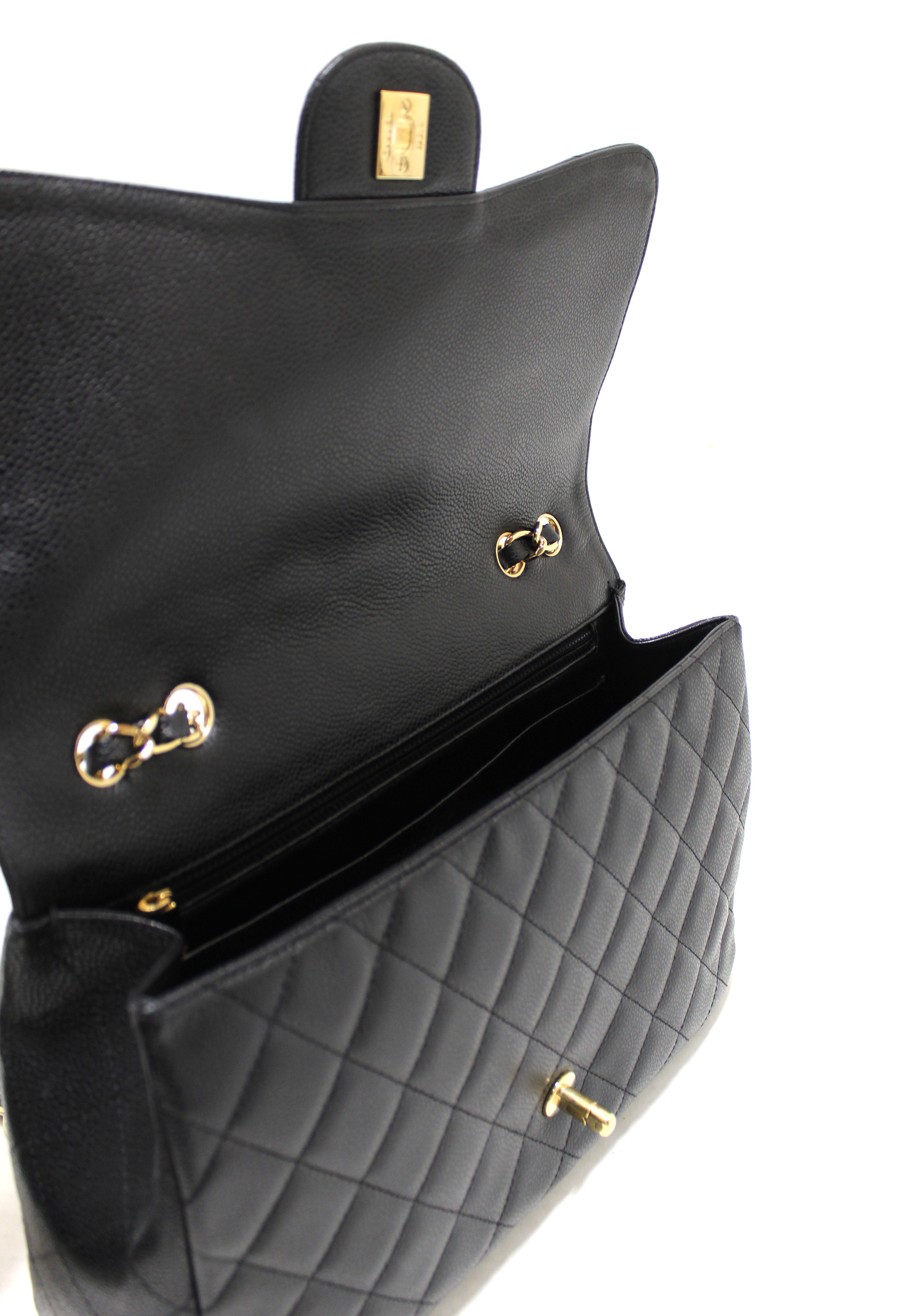 Authentic Chanel Black Quilted Caviar Leather Classic Jumbo Single Flap Bag - Luxury Designer Handbag for Women, Perfect for Evening Events, Parties & Special Occasions