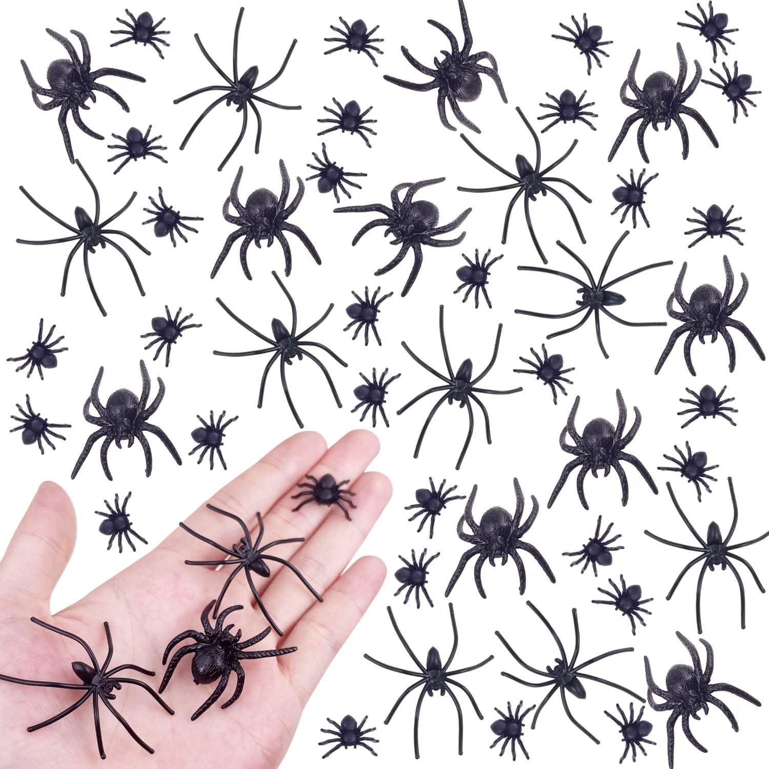 KOMIDK 100-Piece Plastic Spider Set - 3 Sizes Black Fake Spiders for Halloween Pranks, Party Decorations & Home Haunt Props - Scary Prank Toys for Halloween Parties, Themed Events & DIY Decor