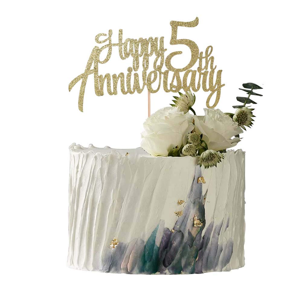 5th Anniversary Party Decorations - Gold Glitter Cake Topper for 5 Year Wedding Anniversary | Forever 5 Party Favors | Perfect for Wedding Anniversaries, Vow Renewals & Milestone Celebrations