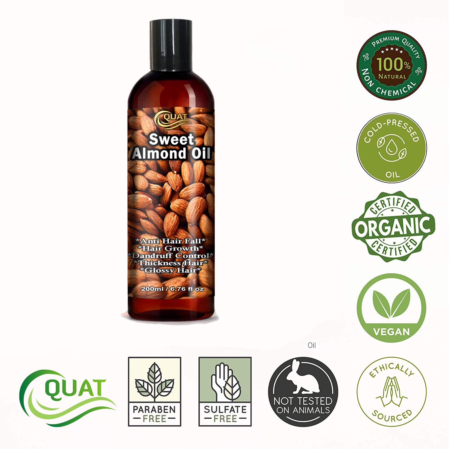 Quat Effective Sweet Almond Hair Oil for Hair Growth, Dandruff Control & Thick Shiny Hair - 200ml | Natural Scalp Treatment for Dry Damaged Hair | Perfect for Daily Hair Care & Styling