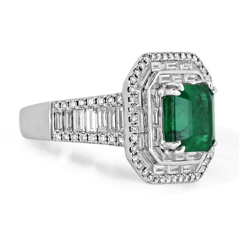 7.39 TCW 18K White Gold Emerald & Diamond Halo Statement Ring for Women - Elegant Triple Diamond Halo Anniversary Gift for Wife, Engagement, Wedding, or Special Occasions
