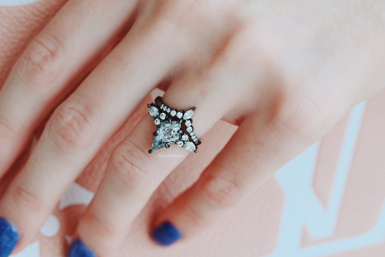 Skye Kite™ Galaxy Raw Salt & Pepper (Herkimer) Diamond Ring - Black Rhodium Filled Sterling Silver Jewelry for Women | Unique Handmade Wedding, Engagement & Everyday Fashion Ring