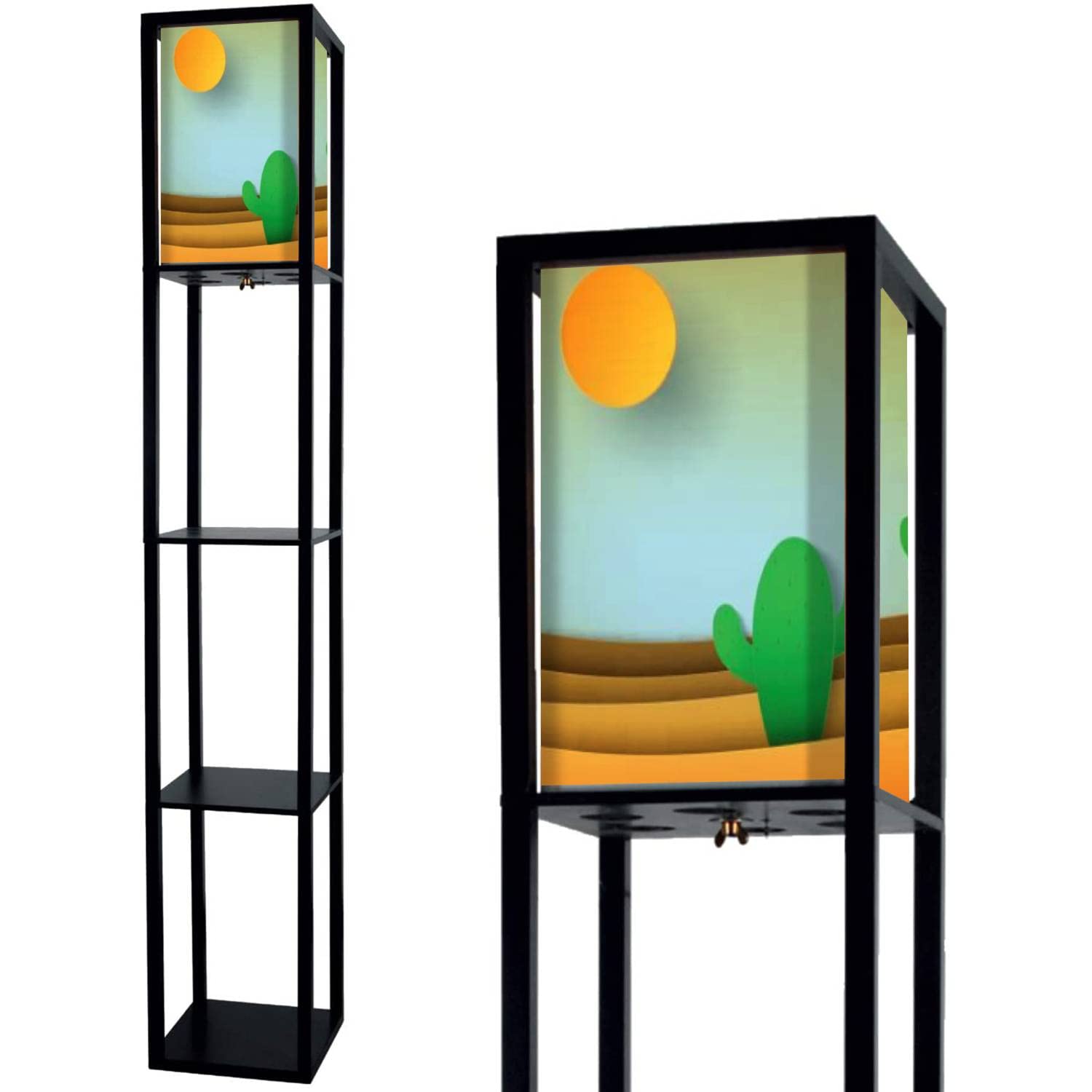 Desert Landscape with Cactus Standing Floor Lamp with Shelves & Flaxen Fabric Shade - Tall Corner Lamp for Living Room, Bedroom Decor | Perfect for Southwest Style Homes, Reading Nooks & Cozy Spaces