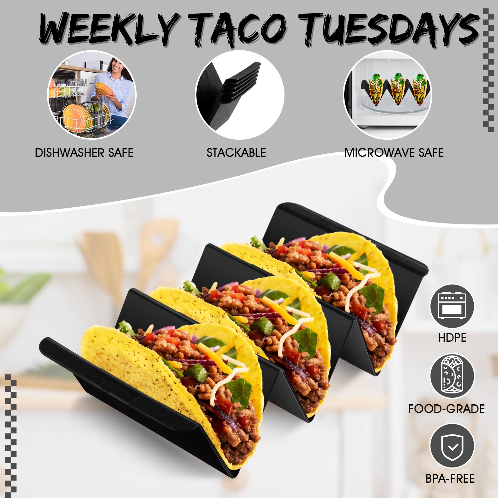 Baderke Mexico Taco Holder Stands - Set of 6 Black Large Plastic Tray Plates for Taco Night | Dishwasher & Microwave Safe | Perfect for Taco Tuesday Parties, Family Gatherings & Mexican Food Lovers
