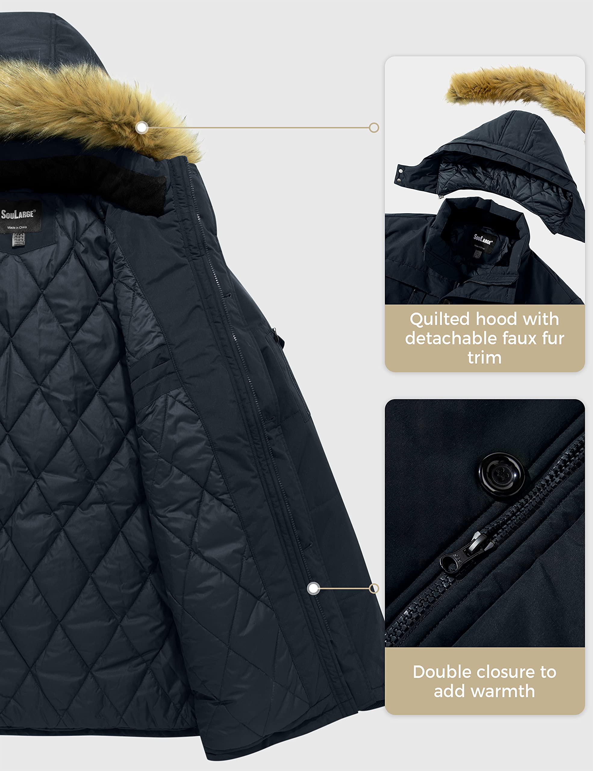 Soularge Men's Big and Tall Winter Warm Heavy Hooded Parka Jacket - Waterproof Cold Weather Coat for Outdoor Activities, Snowboarding, and Hiking