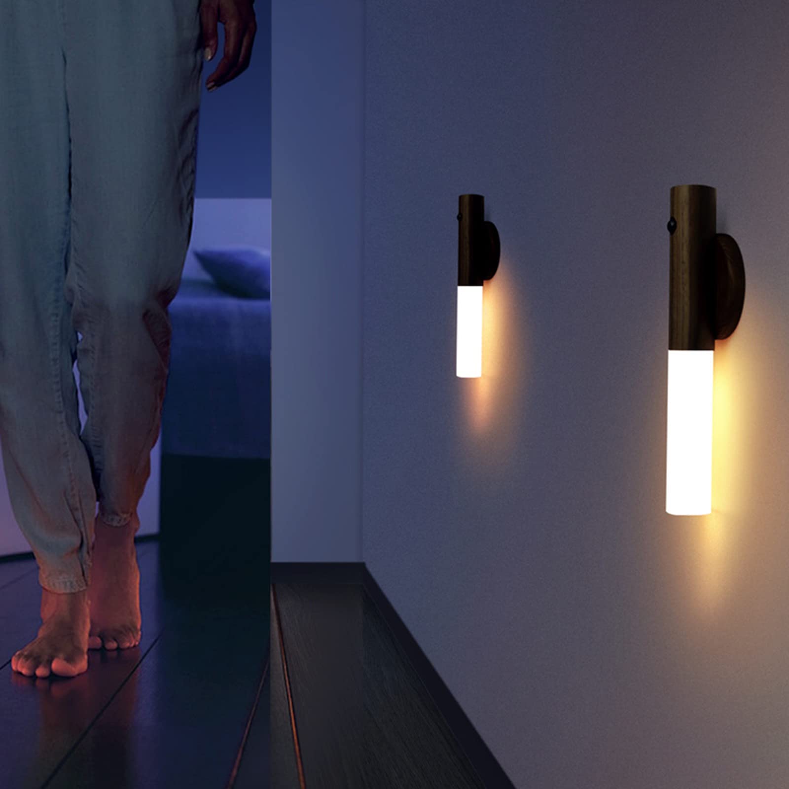 Rechargeable LED Baton Wall Light with Motion Sensor - 360° Rotatable Wooden Magnetic Night Light for Wardrobe, Cabinet, Closet (White Oak) - Perfect for Bedroom, Hallway & Staircase Lighting